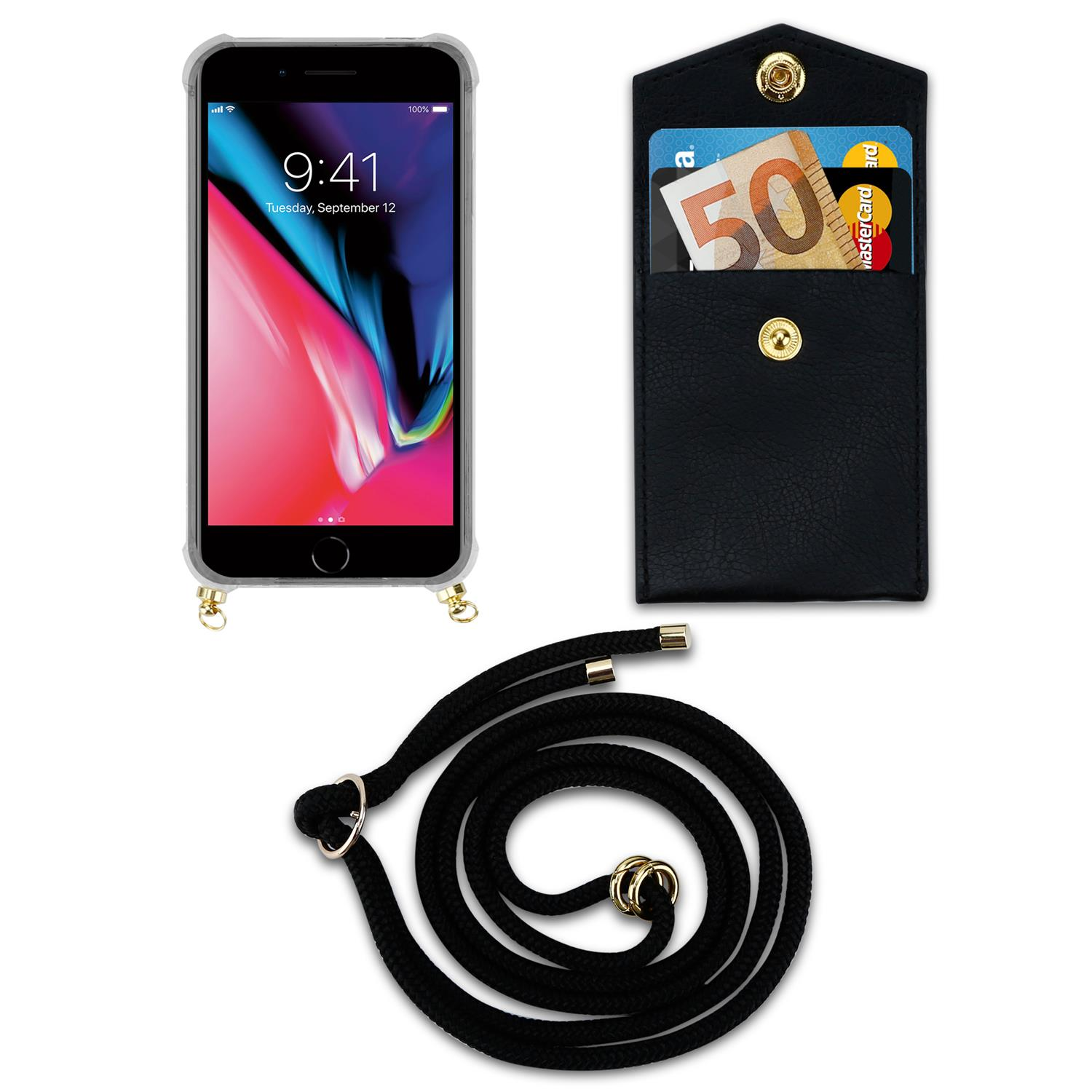 iPhone con custodia e cordino, pochette nera con carte, il tutto su sfondo bianco.
