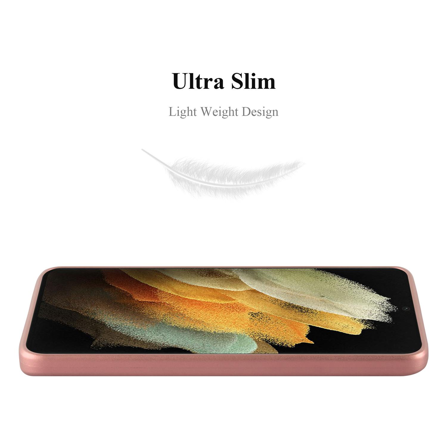 Custodia per telefono rosa. Il telefono è appoggiato sulla custodia. Sfondo bianco.