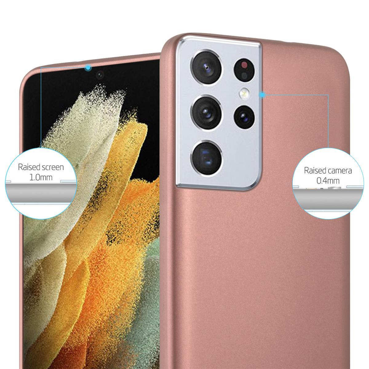 Custodia per telefono oro rosa con protezione schermo e fotocamera rialzata.
