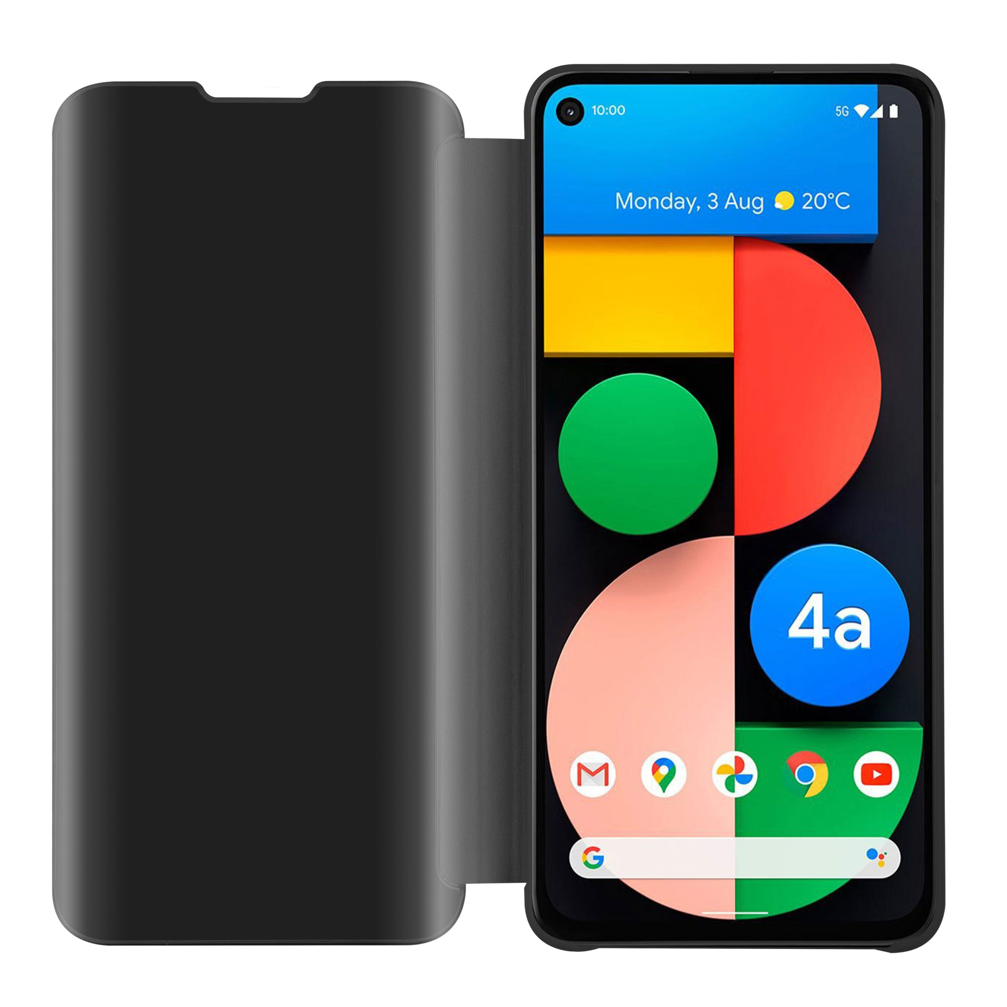 Un telefono con la cover a libro nera aperta. Lo schermo del telefono è visibile.
