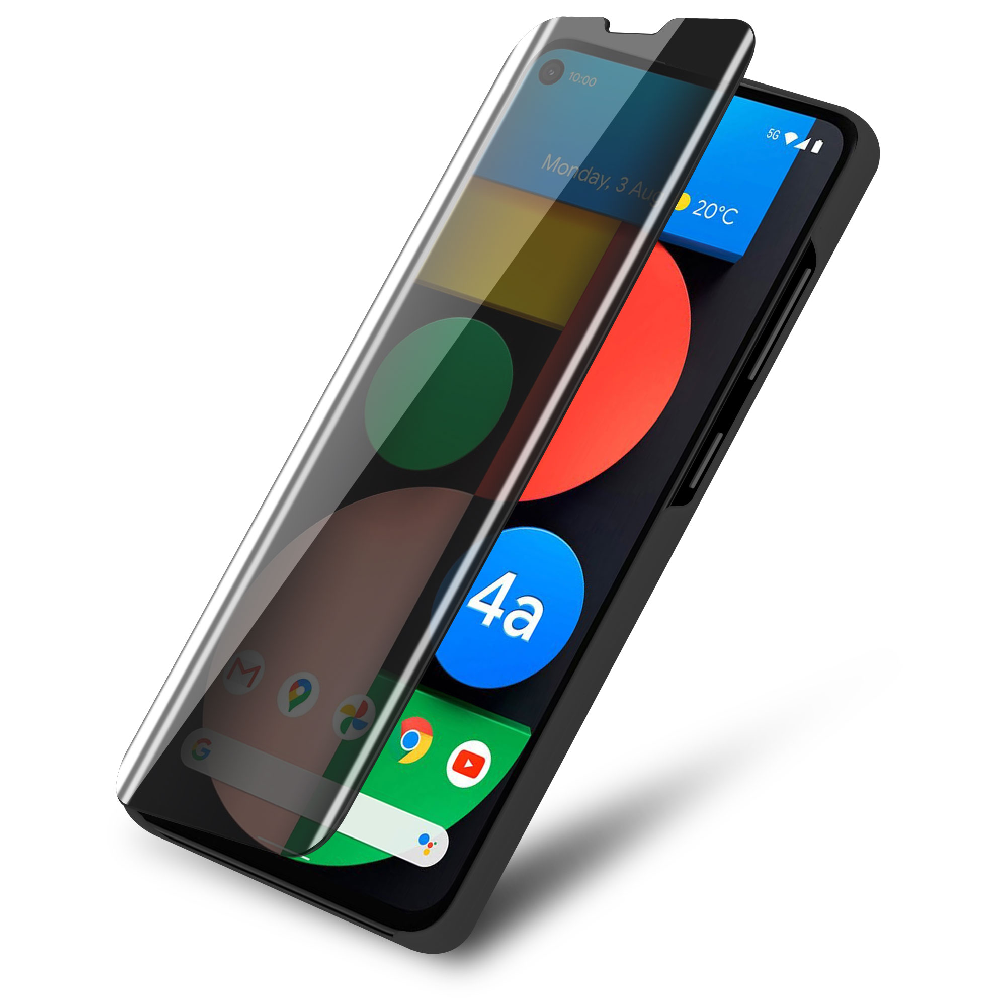 Telefono con protezione schermo. Lo schermo del telefono mostra la data e l'ora. Il telefono è su uno sfondo bianco.