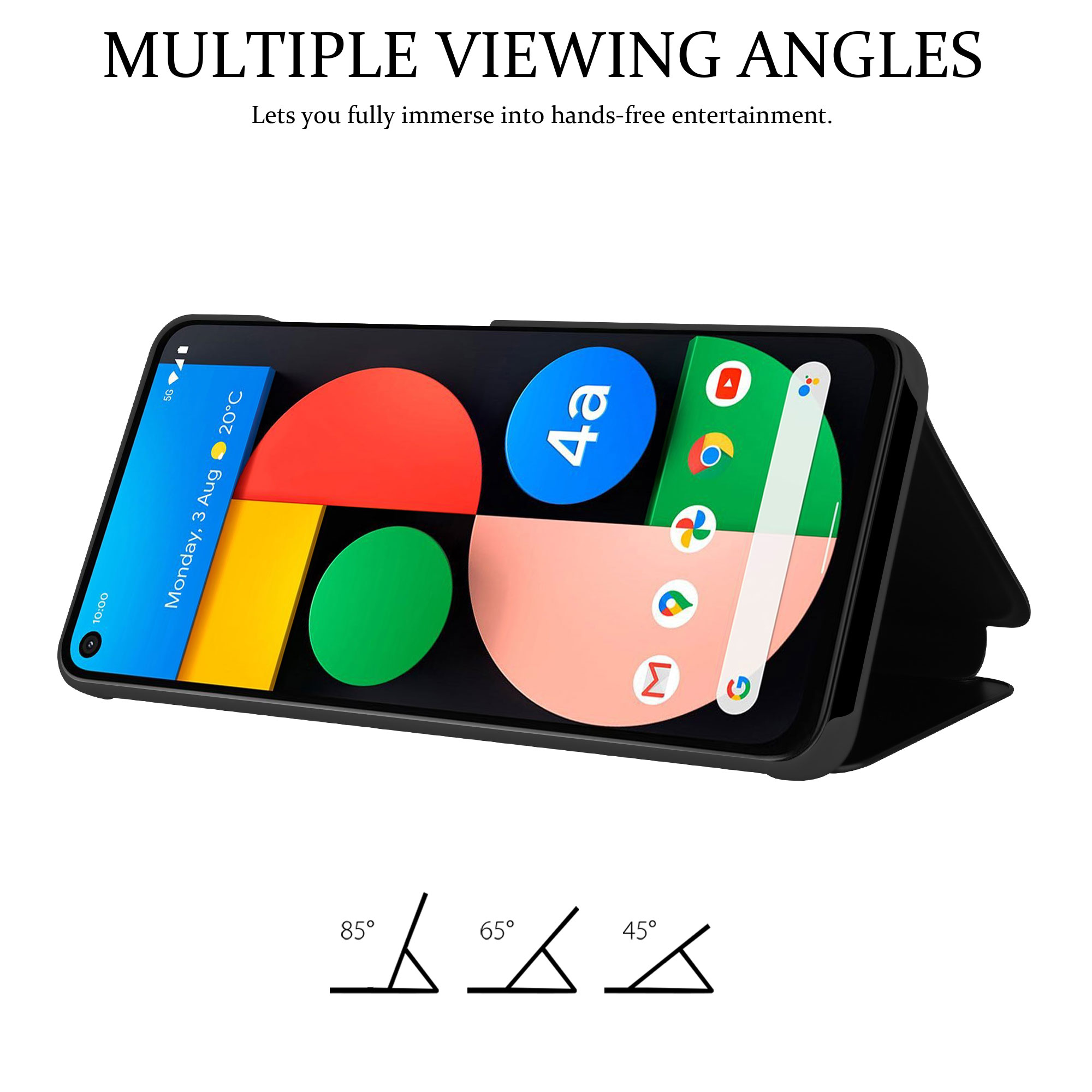 Telefono in una custodia con diversi angoli di visualizzazione. Lo schermo del telefono è visibile.