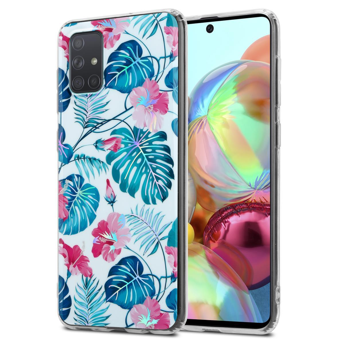 Telefon mit floraler Hülle. Blätter- und Blumendesign. Ein anderes Telefon sichtbar.
