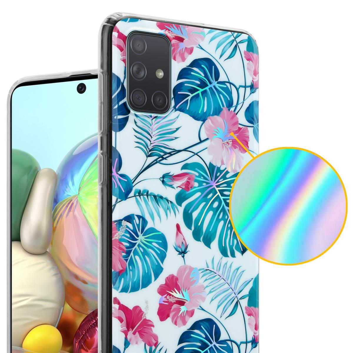 Telefon mit einer Hülle mit floralem Muster. Blumenmuster mit einem holografischen Kreis in der Ecke.