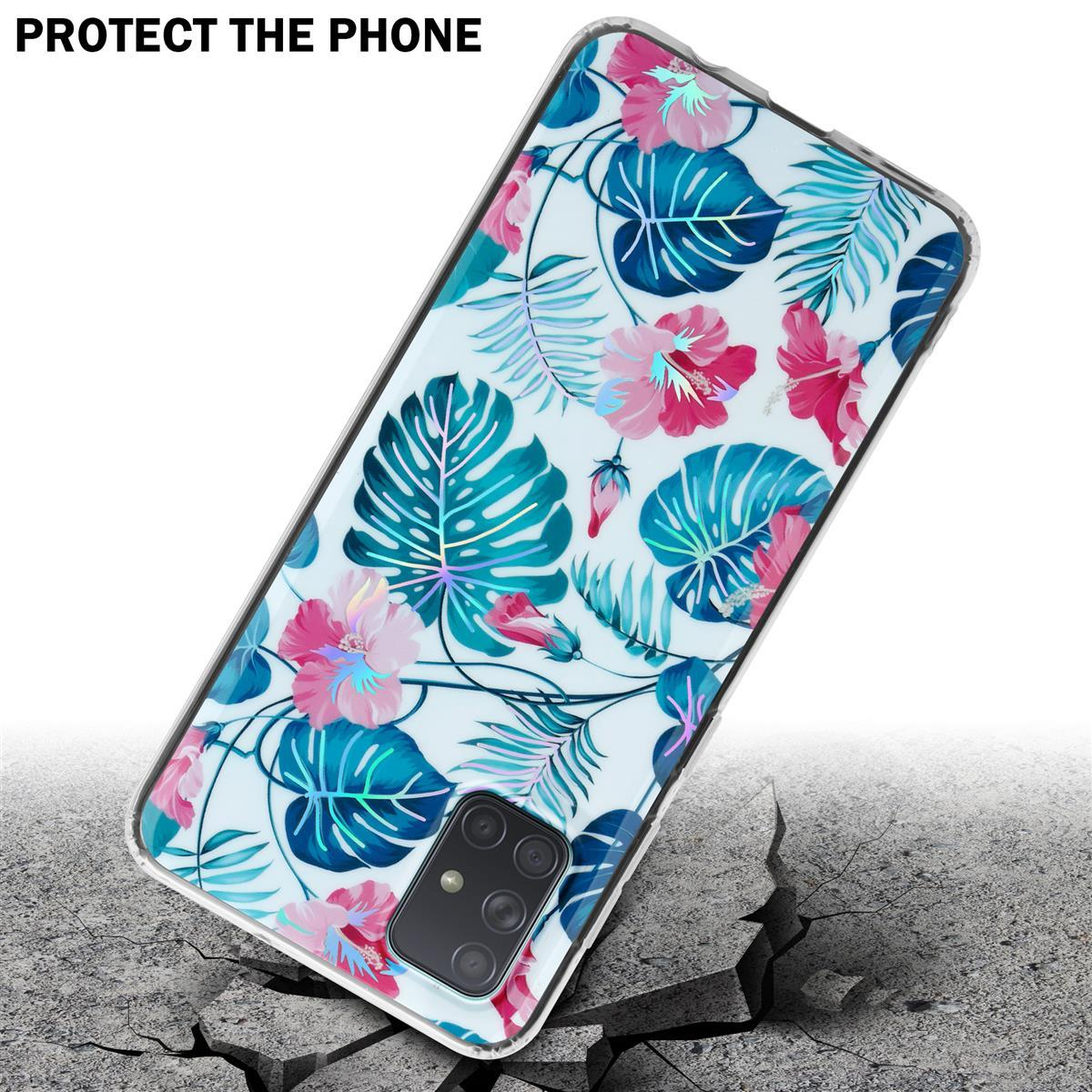 Florales Handycase mit rosa Blüten und blauen Blättern auf rissigem Untergrund.