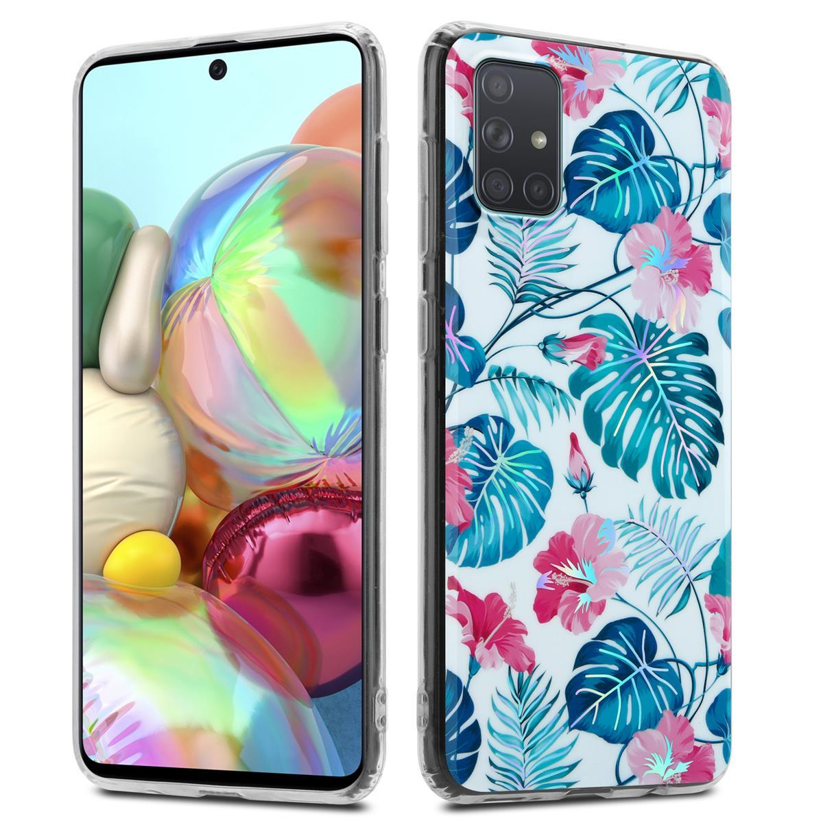 Zwei Telefone, eines zeigt seinen Bildschirm mit floralem Design, das andere zeigt seine Rückseite.