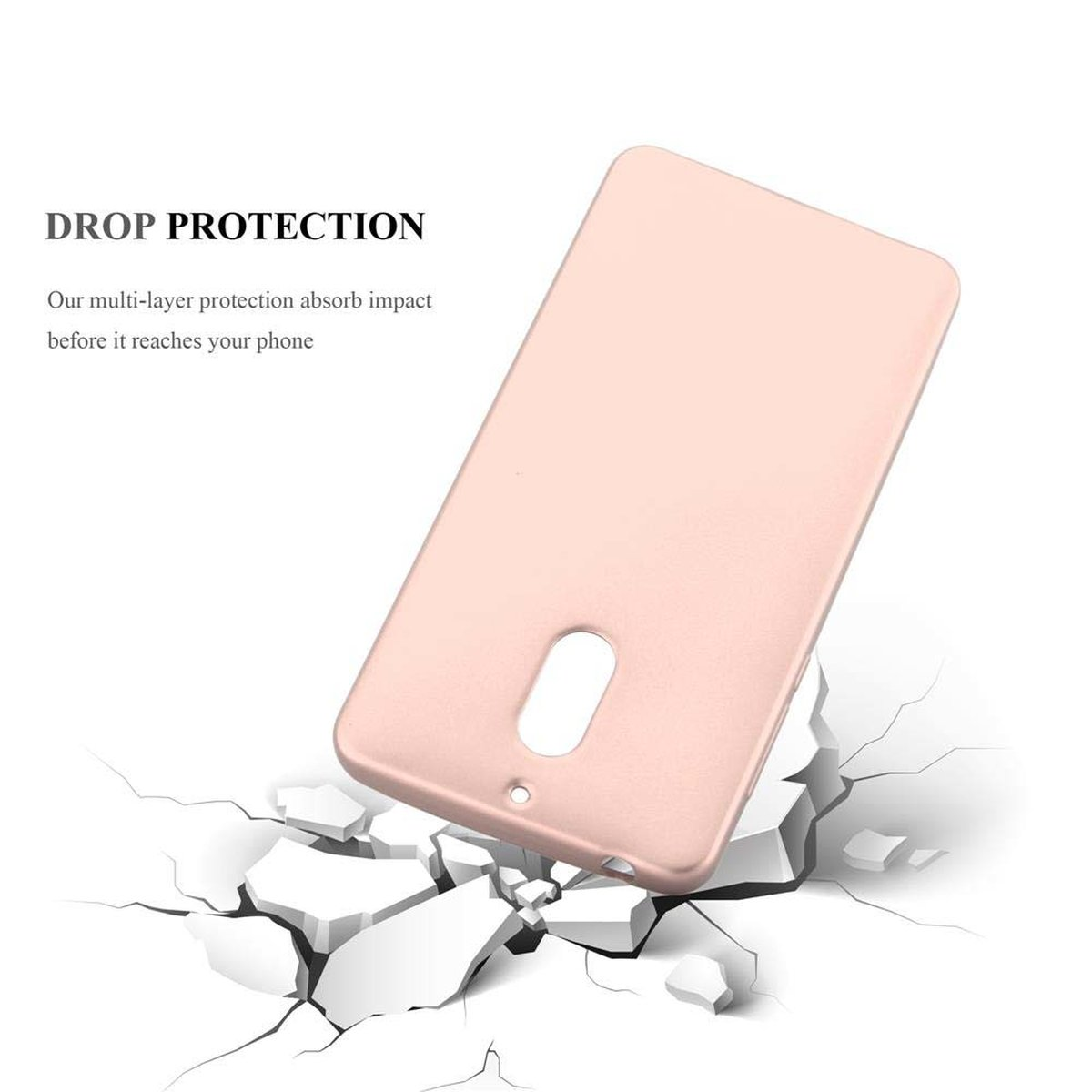 Una custodia rosa per telefono sta cadendo, con crepe intorno.