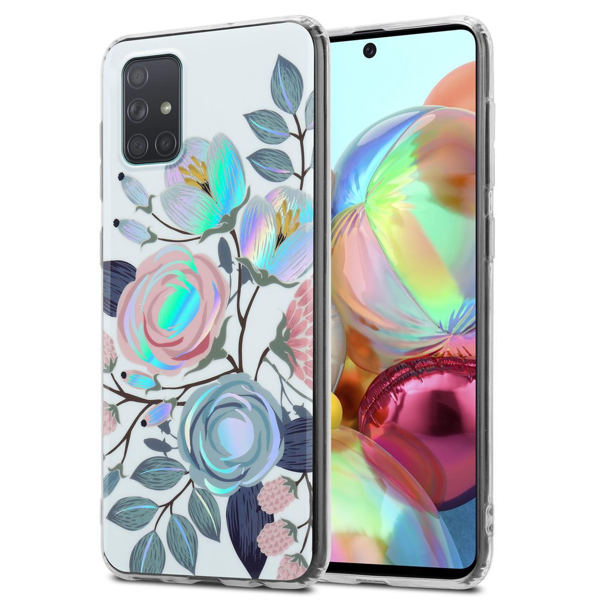 Custodia per telefono con fiori. La custodia è trasparente e presenta fiori colorati. Il telefono è all'interno.