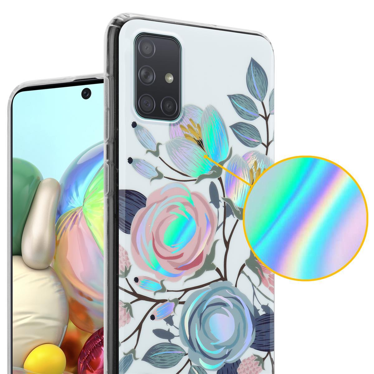 Una custodia per telefono con un design floreale. La custodia è trasparente con un motivo floreale. Primo piano del design.