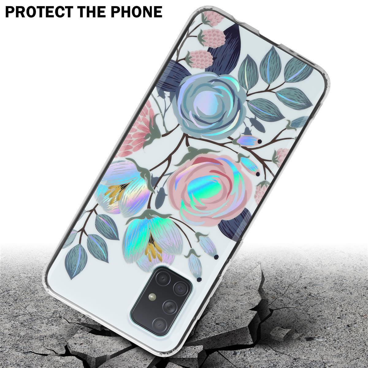 Custodia per telefono con un design floreale. La custodia è su una superficie di cemento crepata.