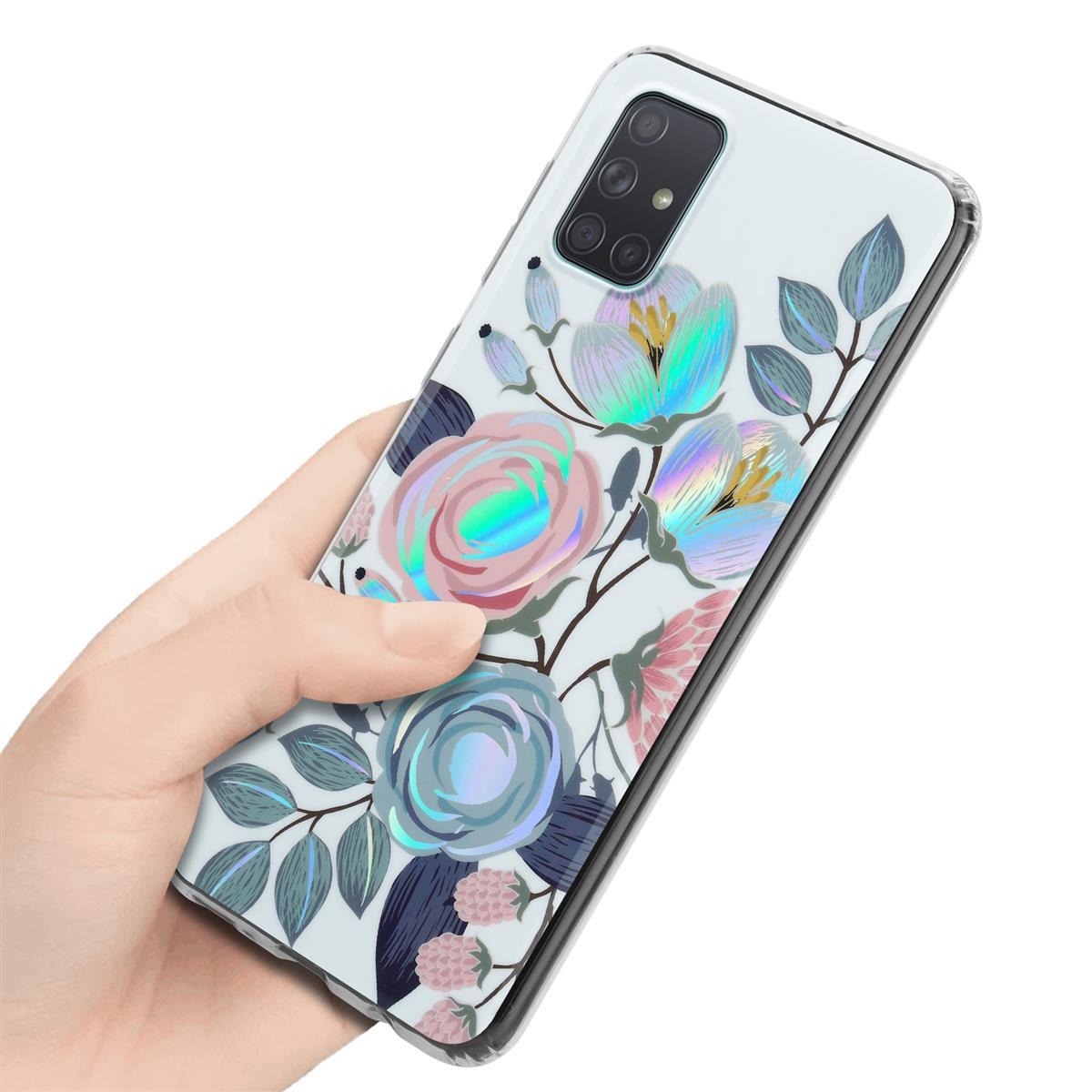 Mano che tiene una custodia per telefono con un design floreale. Fiori dai colori pastello.