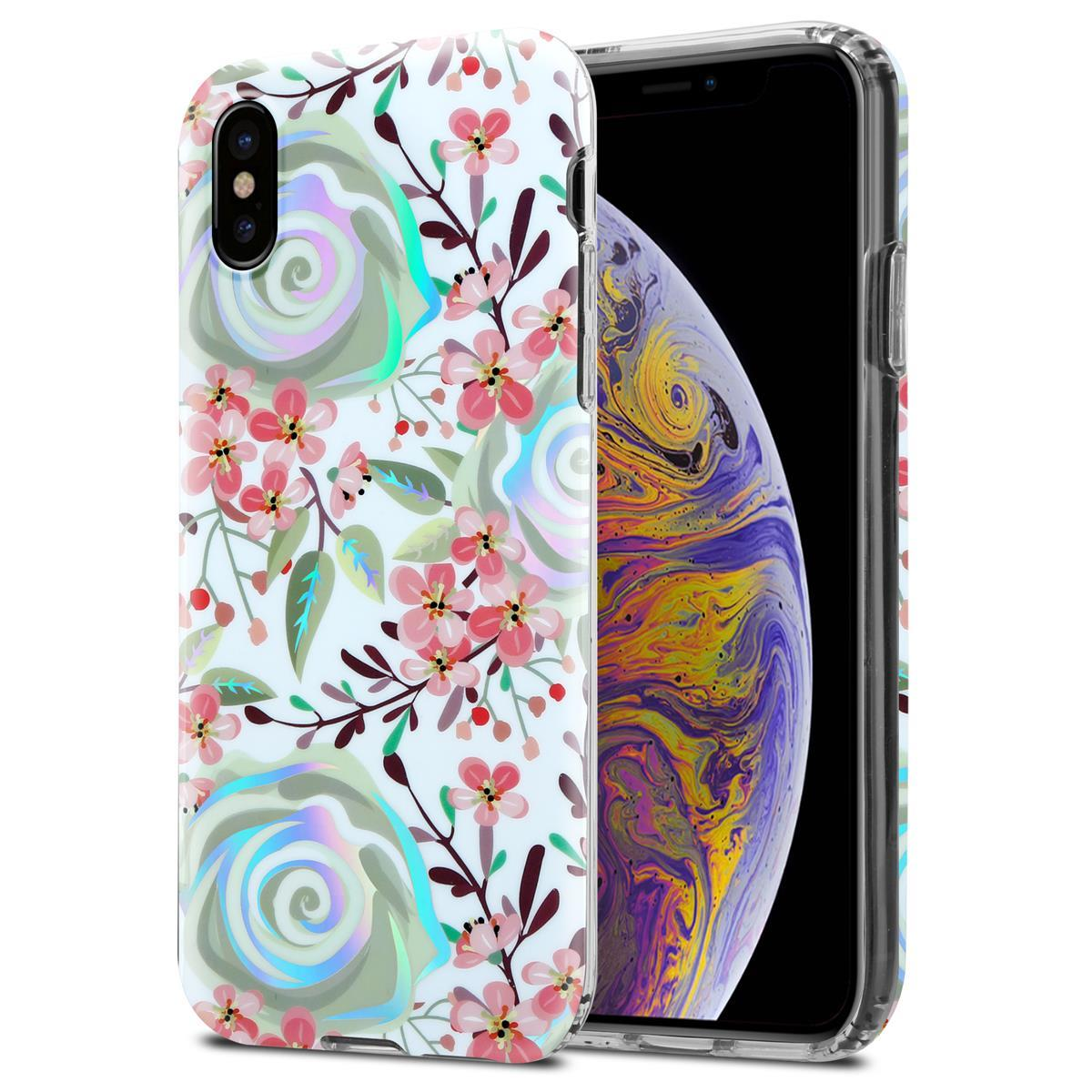 Custodia con fiori rosa e foglie verdi. Telefono con schermo colorato.