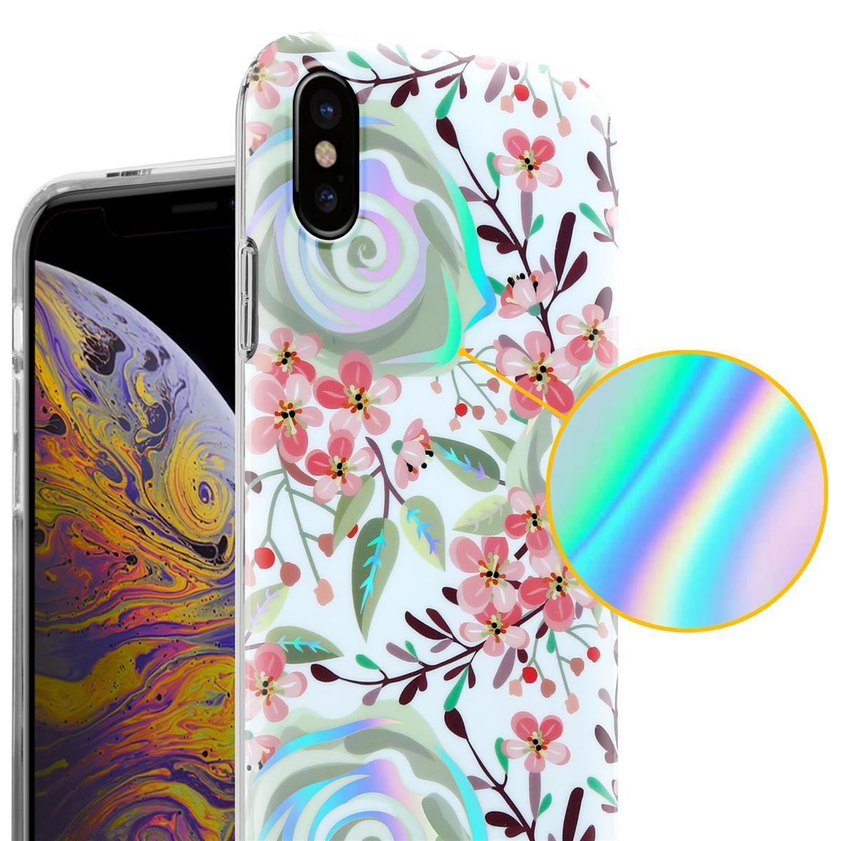 Telefono con custodia floreale, fiori rosa su bianco. Un cerchio con colori arcobaleno a destra.