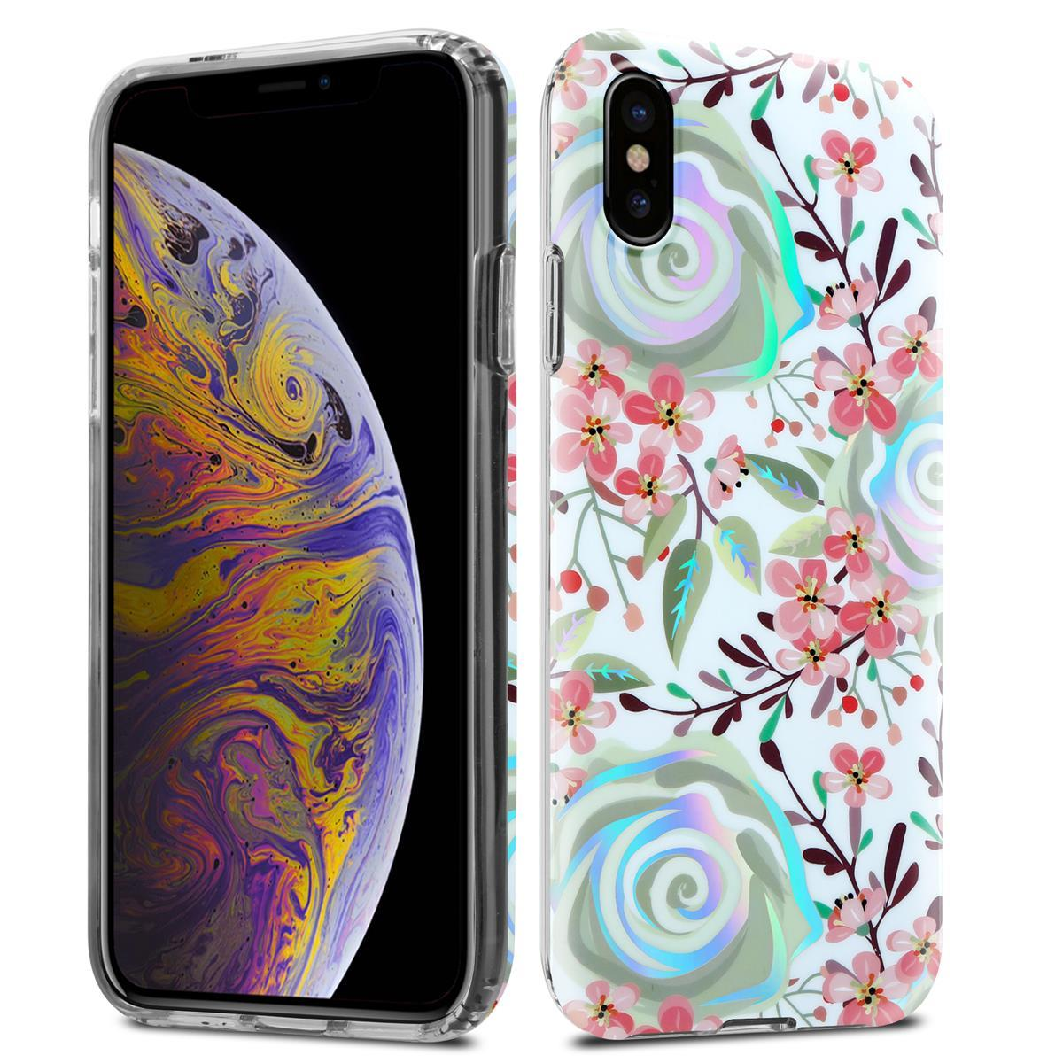 Telefono con custodia floreale. La custodia ha fiori rosa e foglie verdi su sfondo bianco.