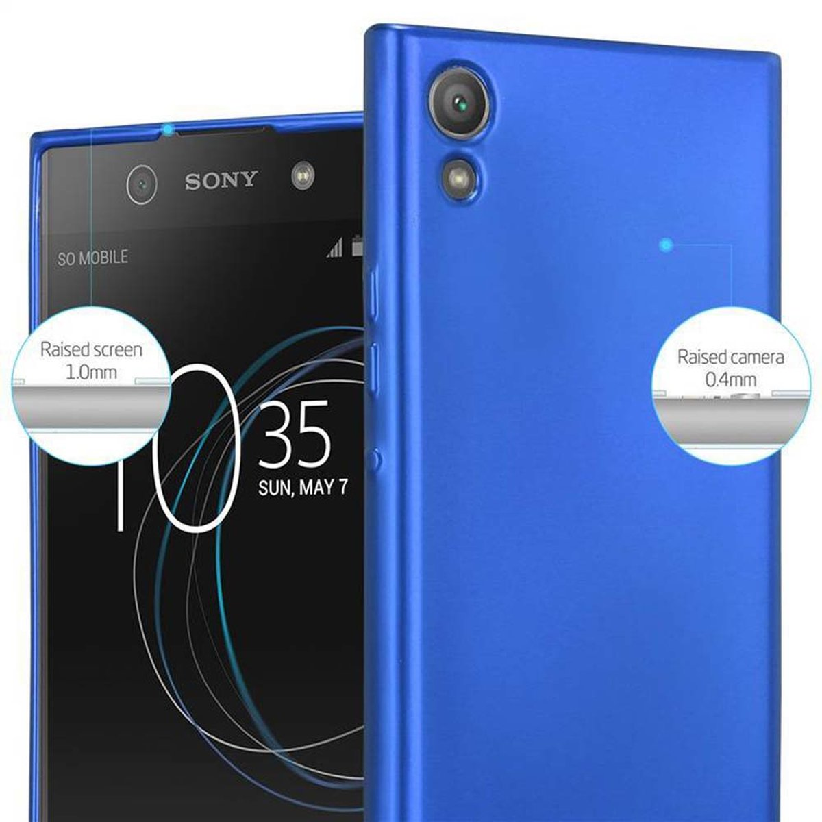 Blaue Handyhülle auf schwarzem Smartphone, mit erhabenen Bildschirm- und Kameradetails.