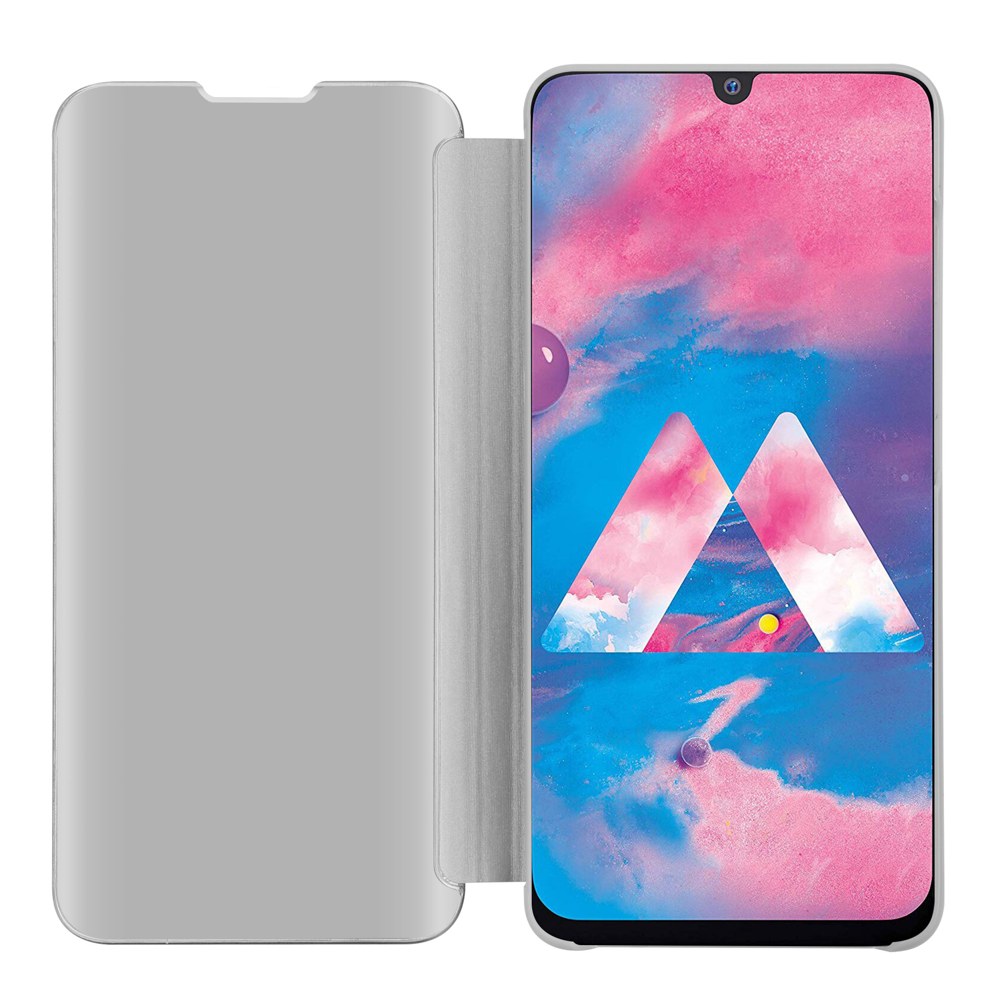 Una custodia per telefono è aperta, mostrando lo schermo del telefono. Colore grigio chiaro.