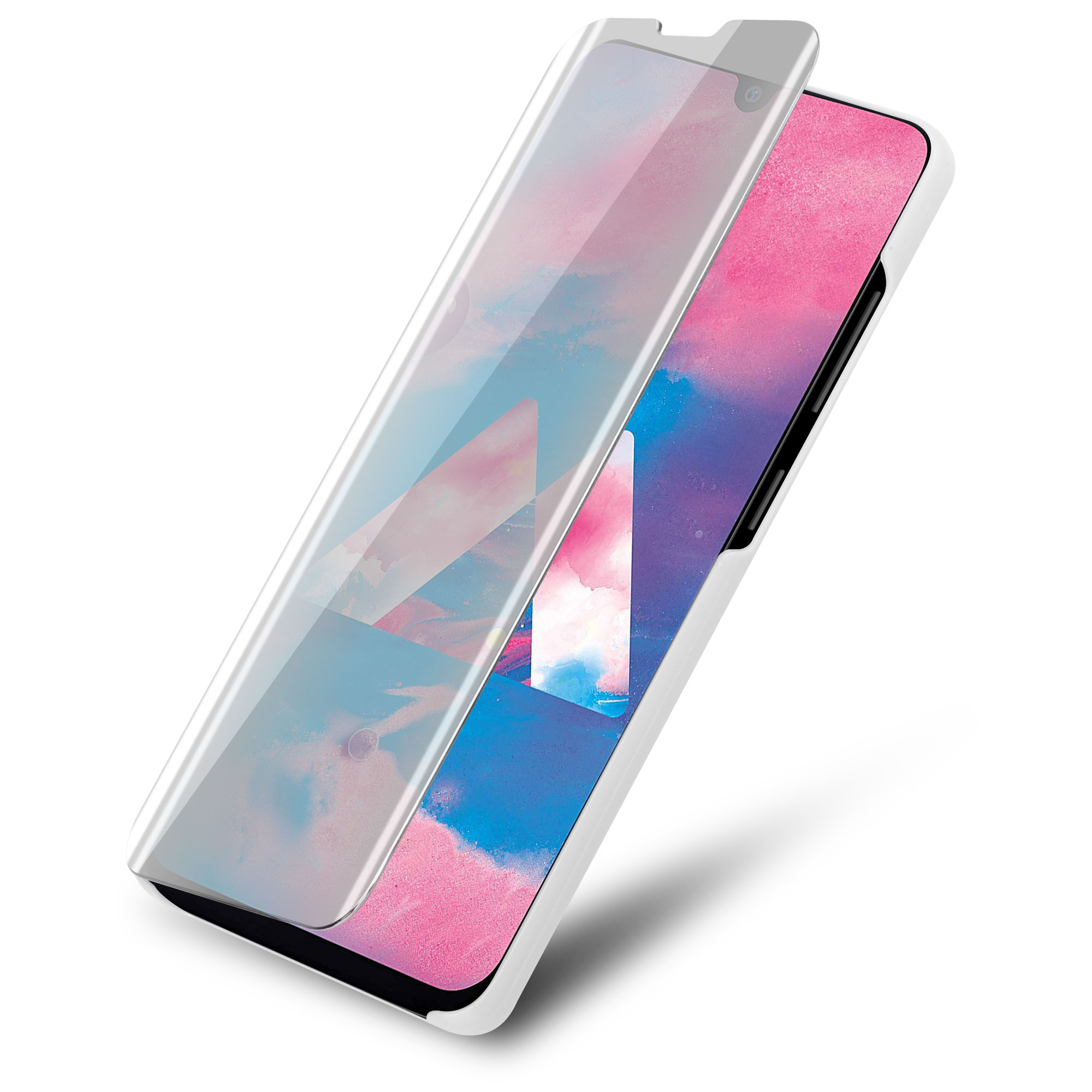 Un telefono con una protezione per lo schermo in applicazione, primo piano.