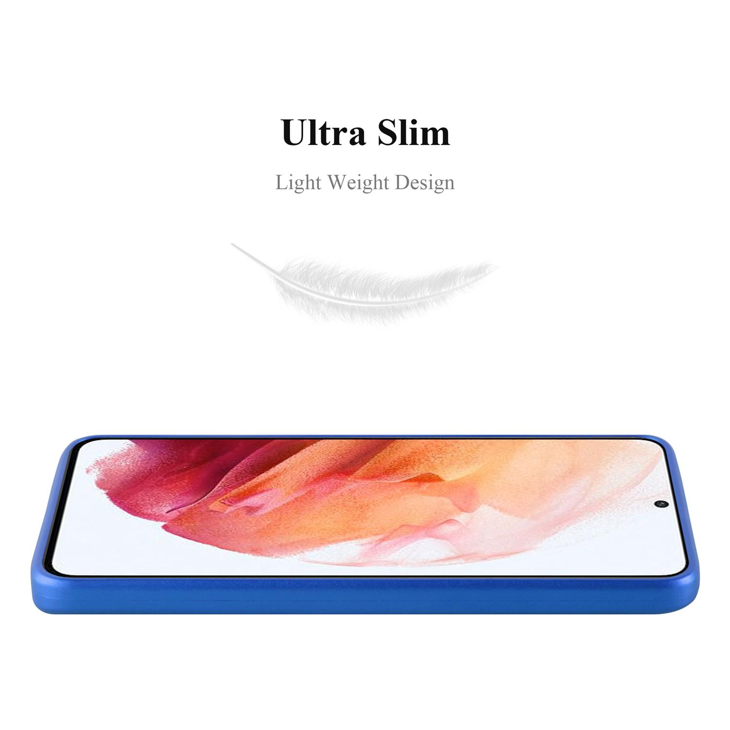 Eine blaue Handyhülle mit einem Telefon darin. Das Telefon hat einen rosa-orangenen Farbverlauf.