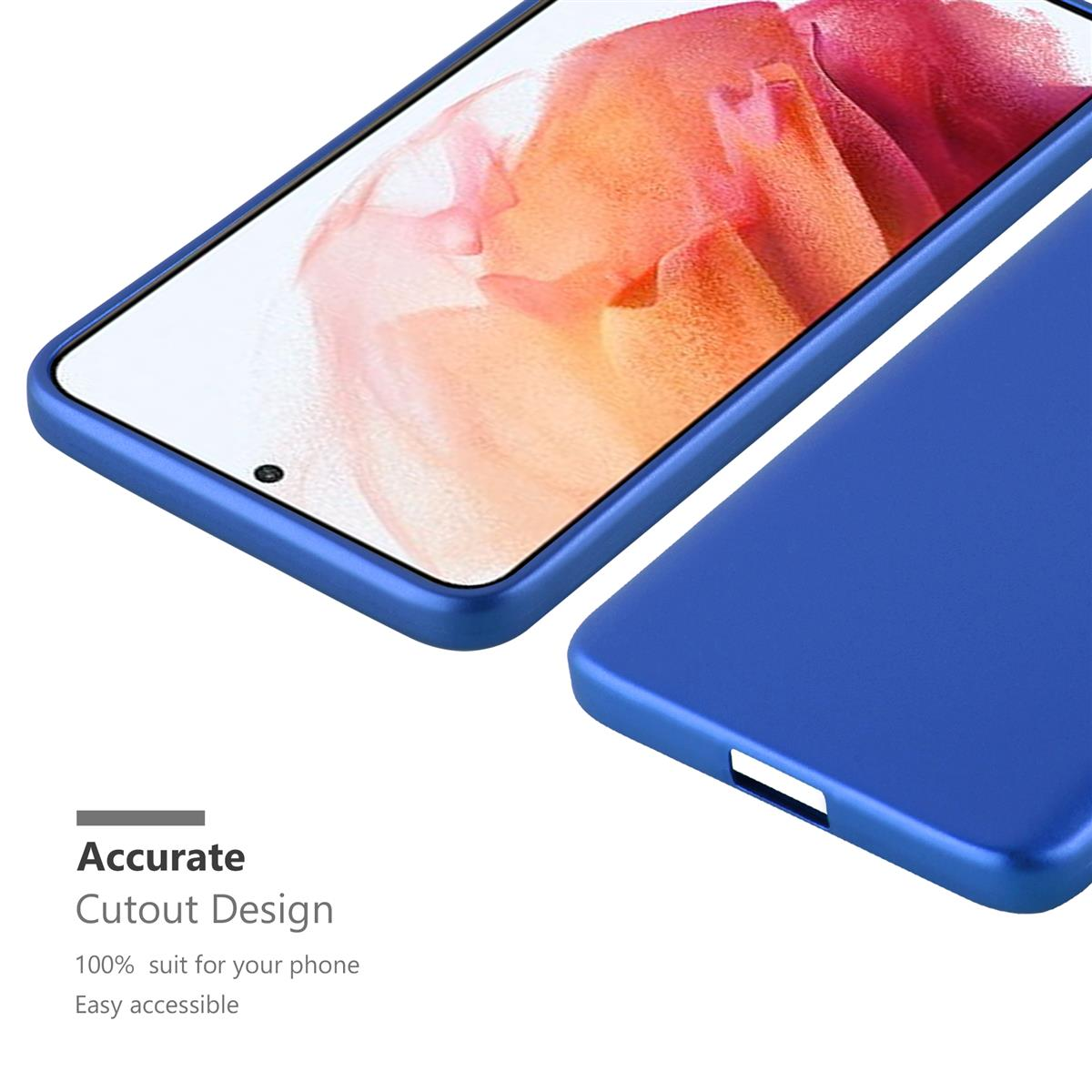 Nahaufnahme einer blauen Handyhülle, auf weißem Untergrund, mit Text: Präzises Ausschnittsdesign.
