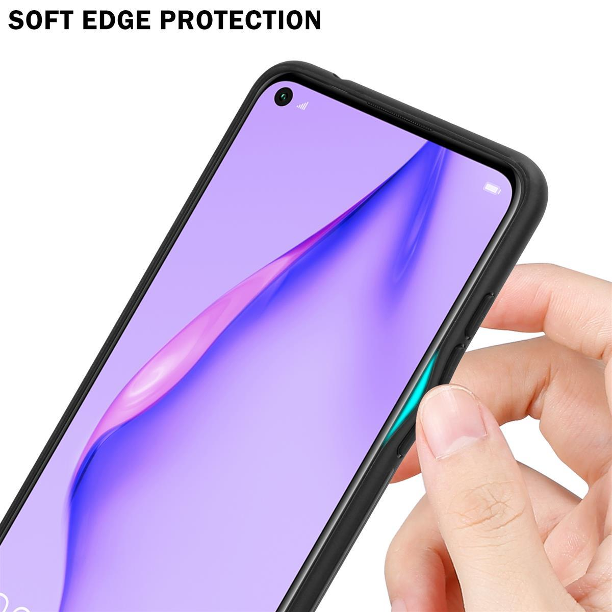 Mano che tiene un telefono con custodia con bordo nero. Schermo viola, evidenziatore turchese lungo il bordo. Sfondo luminoso.