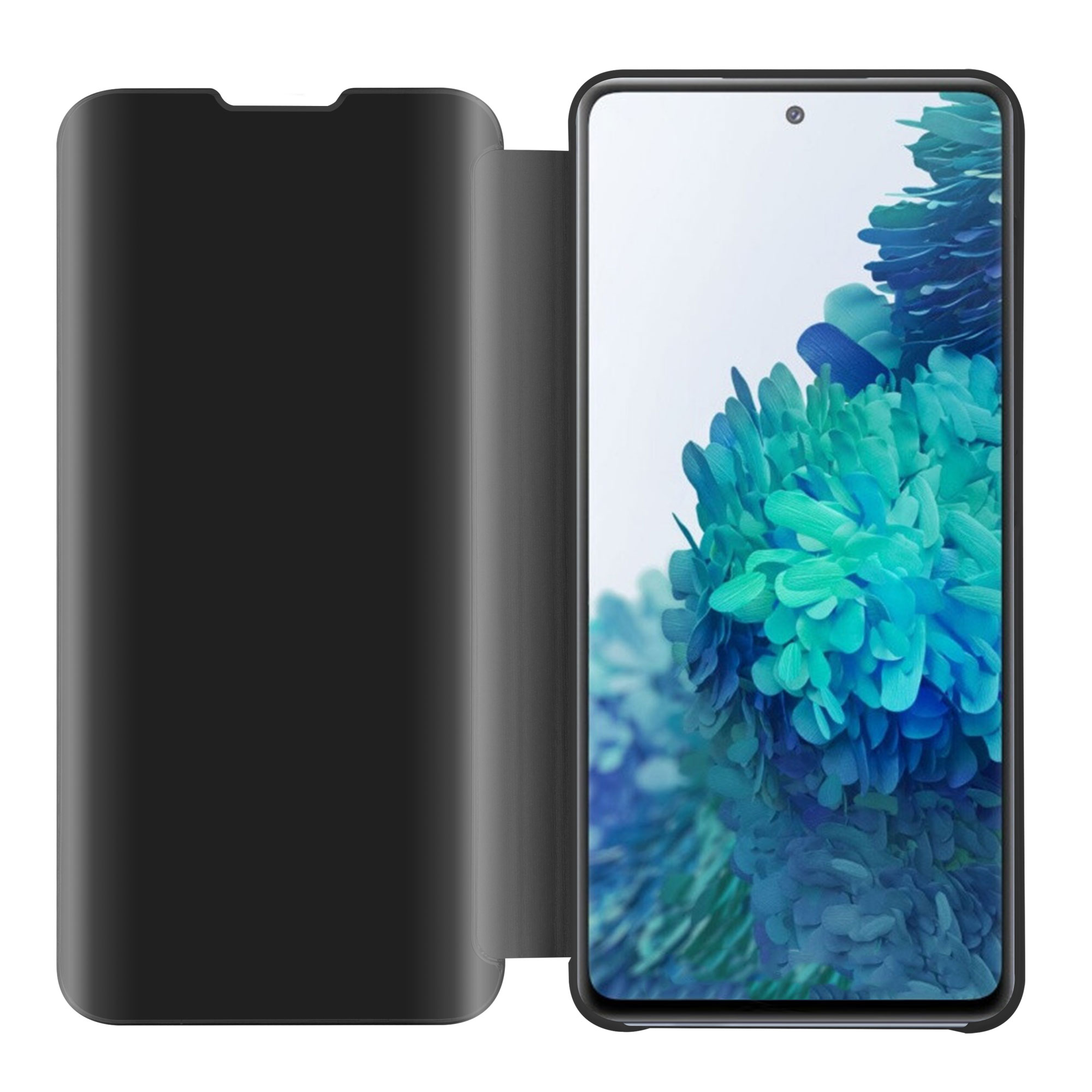 Telefono nero con custodia a libro. Il telefono è visibile, con il coperchio a ribalta aperto.