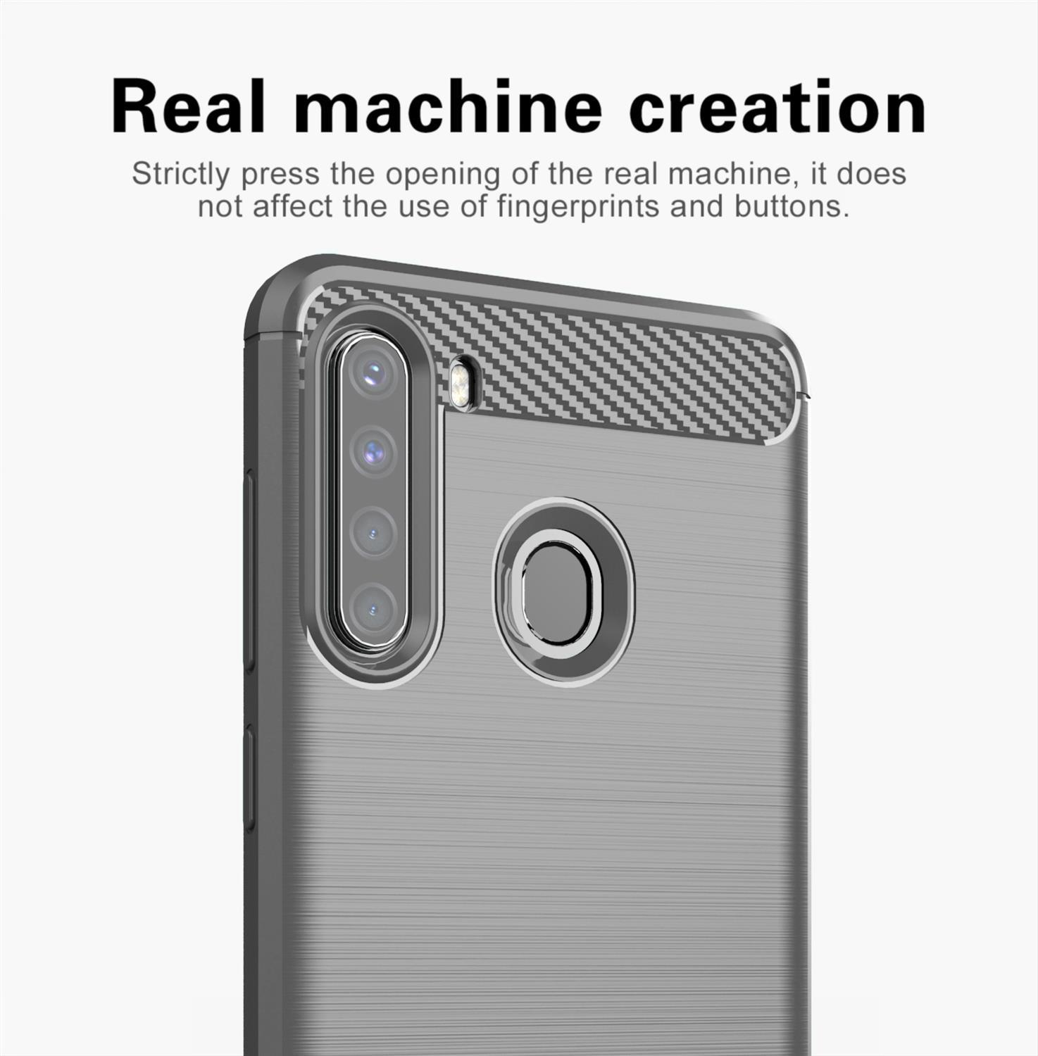 Primo piano del retro di un telefono con custodia grigia. La fotocamera è visibile.