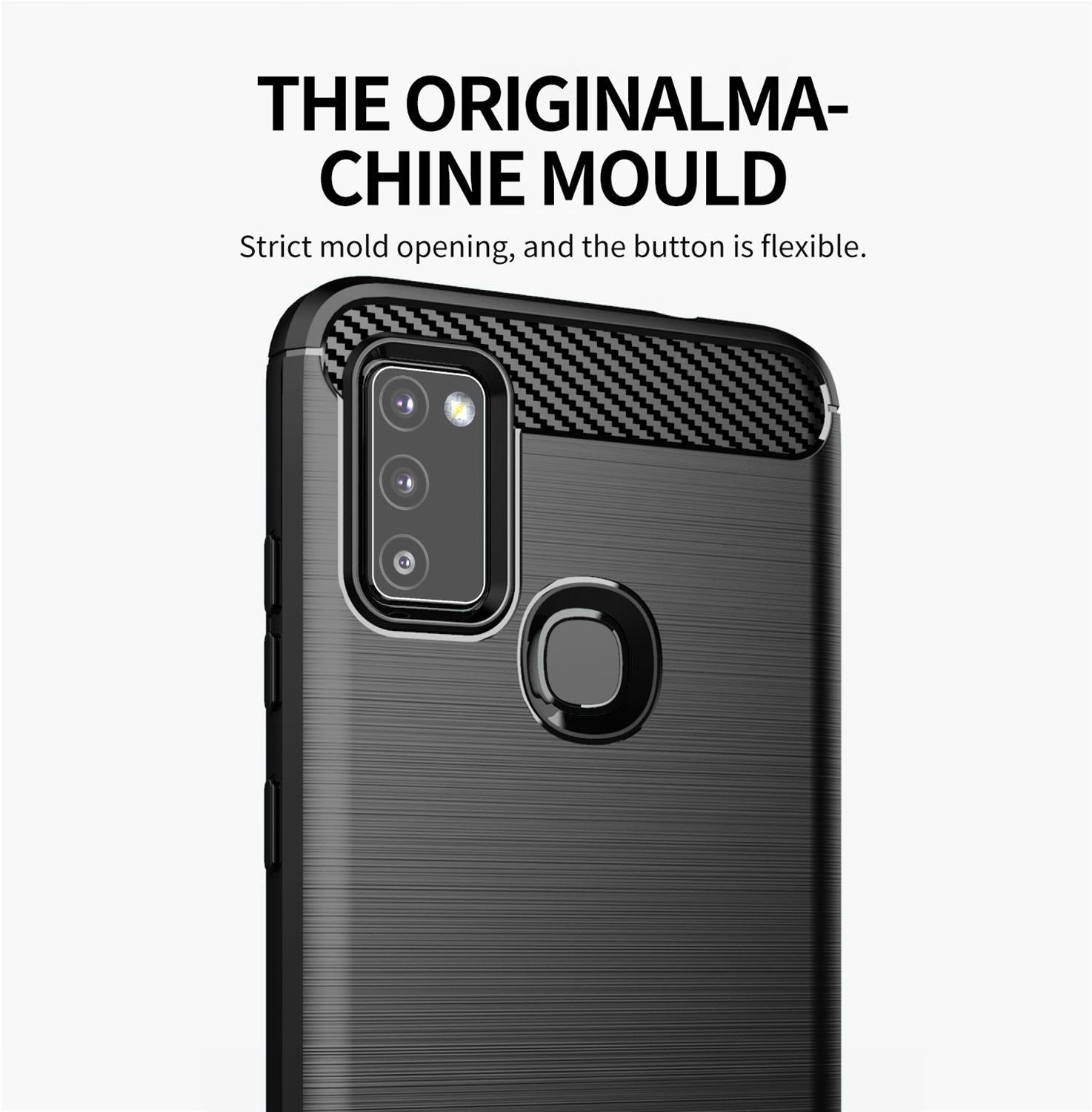 Un primo piano di una custodia per telefono con retro strutturato, che mette in risalto il modulo fotocamera e il pulsante.