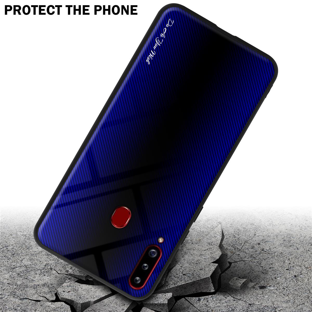 Una custodia per telefono è su un telefono, con crepe sotto. Il telefono è blu e nero. Sta proteggendo il telefono.