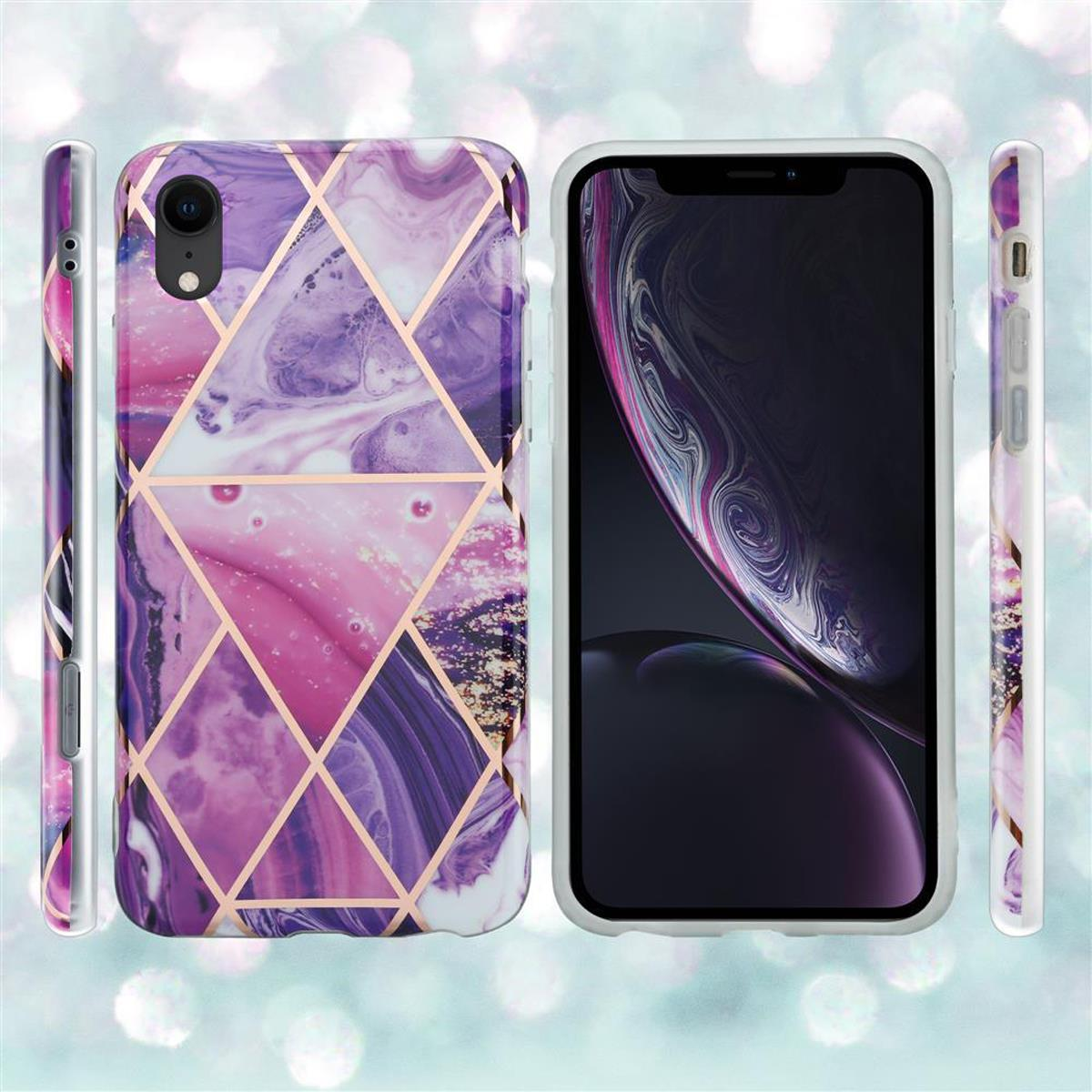 Custodia per telefono con motivo geometrico rosa, viola e oro. Tre viste mostrate. Il telefono è al centro.