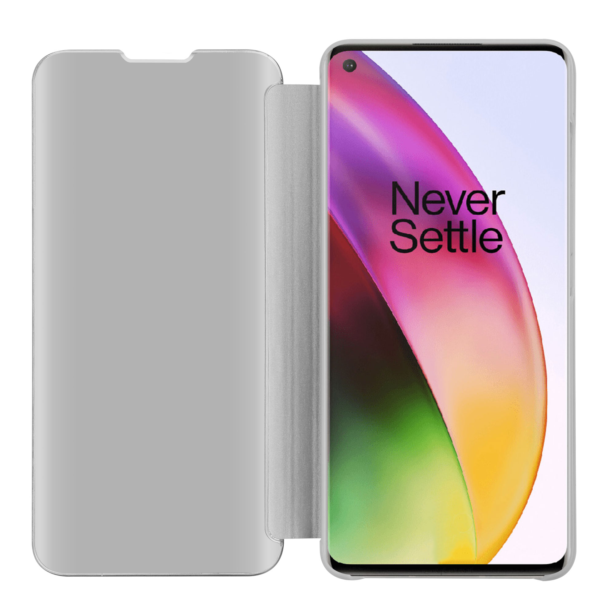 Telefono in una custodia a libro argentata. Lo schermo mostra uno sfondo colorato con il testo: Never Settle.