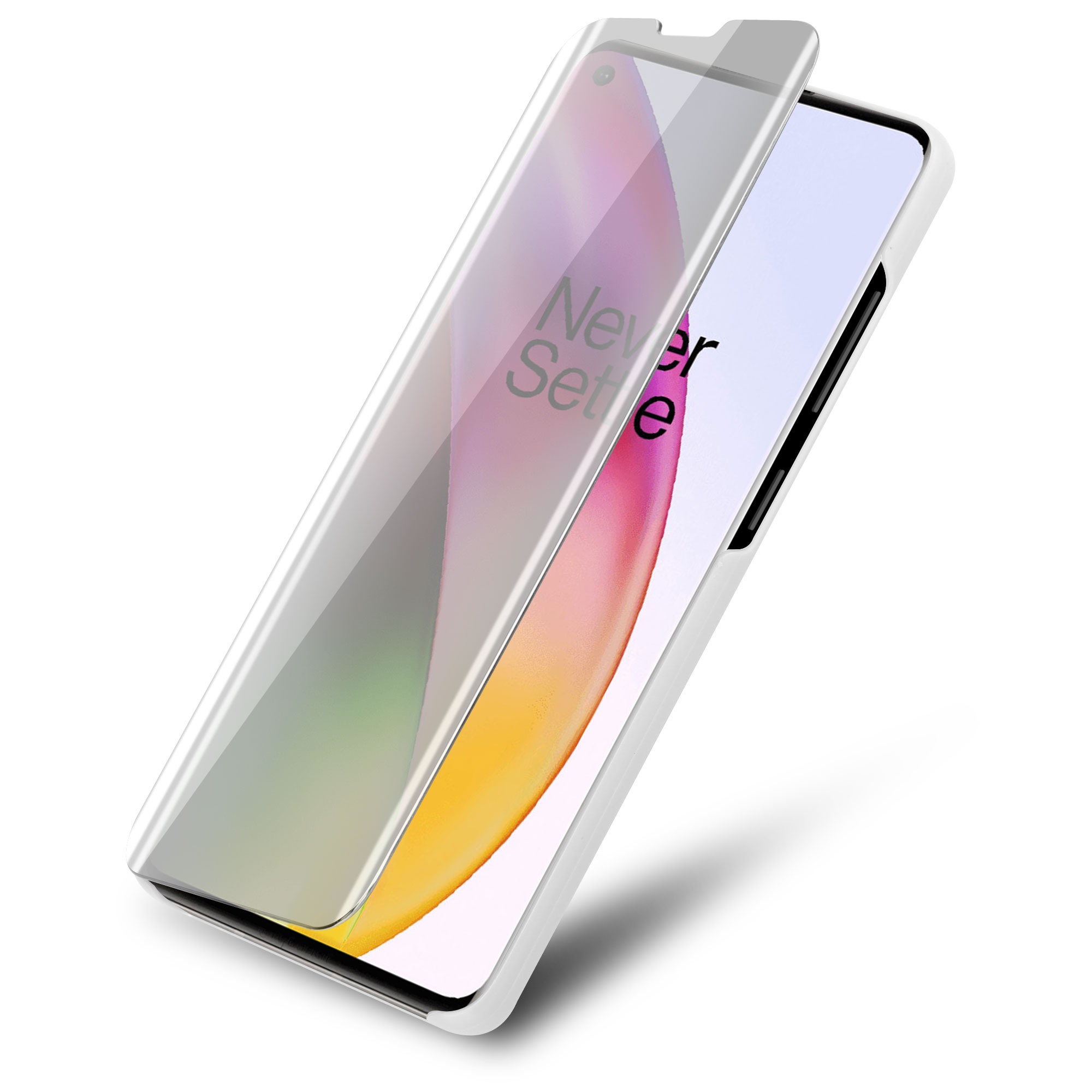 Telefono con protezione schermo. La protezione è trasparente, con le parole "Never Settle" visibili.