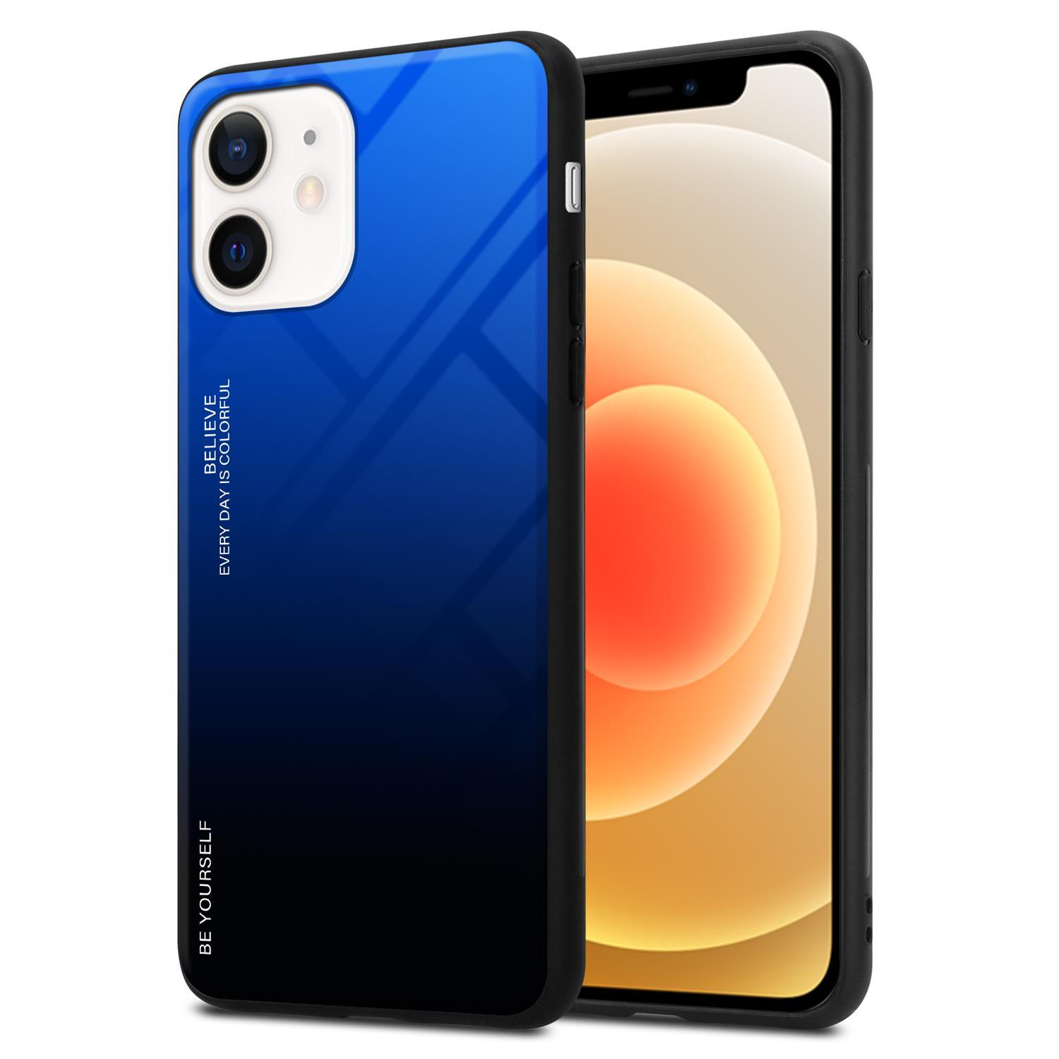 Ein Telefon mit einer blau-schwarzen Farbverlaufshülle, mit den Worten 'BE YOUSELF'.
