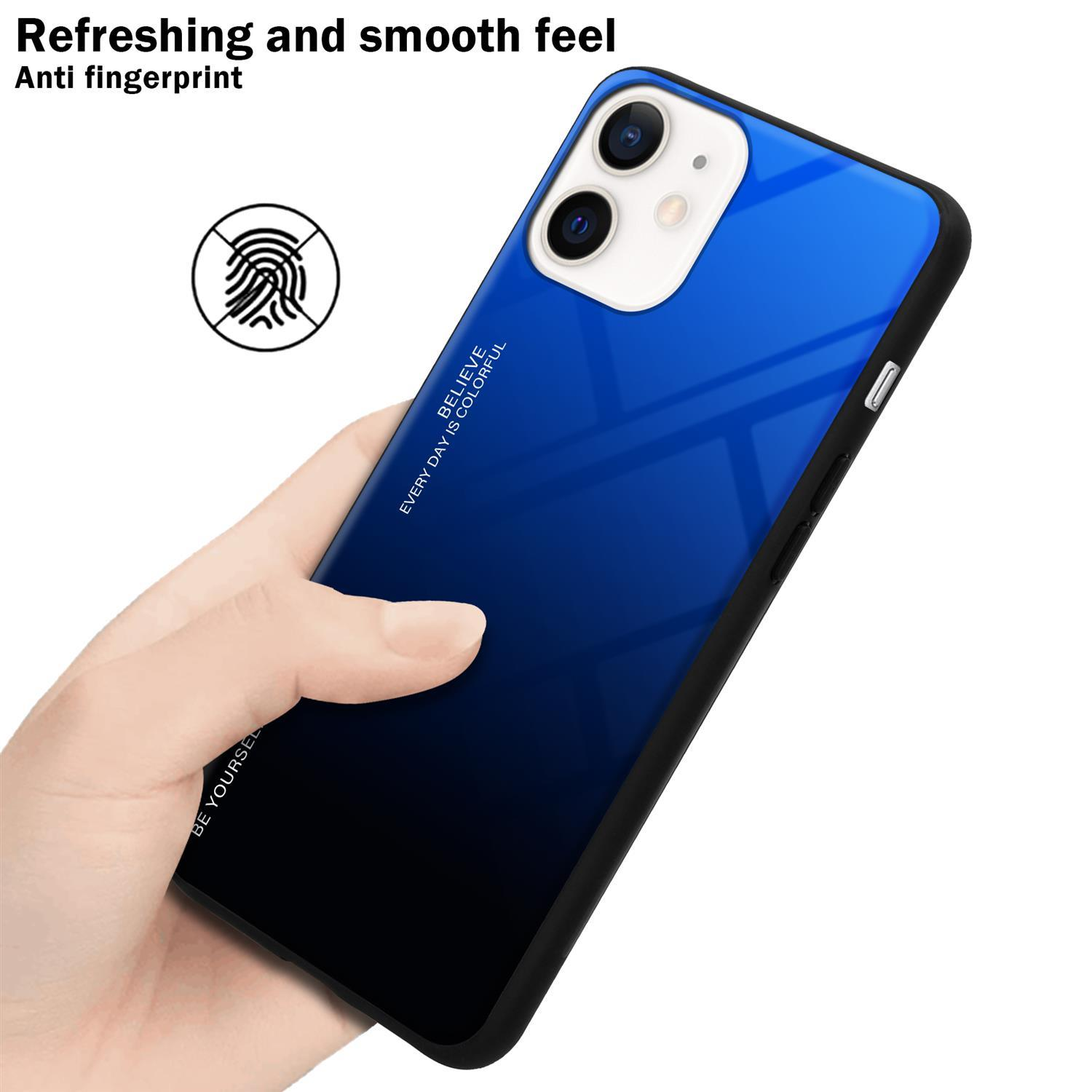 Hand hält ein Telefon mit blauem und schwarzem Farbverlauf. Fingerabdruck-Symbol, weißer Hintergrund.