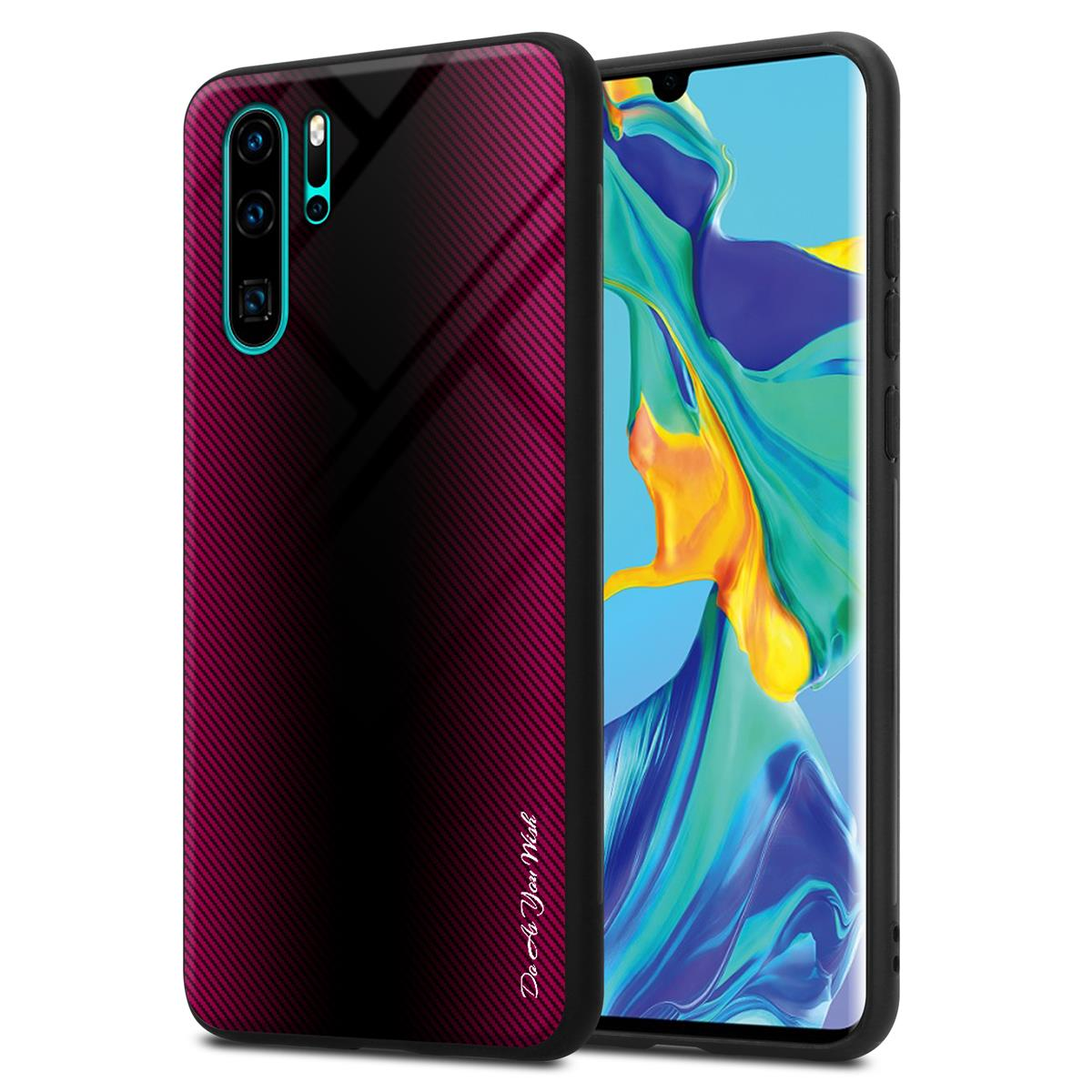 Ein Telefon mit schwarzem und rotem Gehäuse, dunkler oberer Hälfte und gemusterter unterer Hälfte.