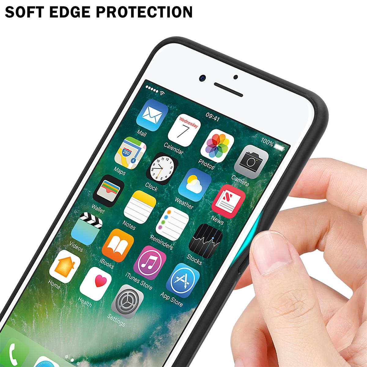 Schermo del telefono che mostra le icone delle app, con una mano che tiene il telefono, mostrando la protezione dei bordi.