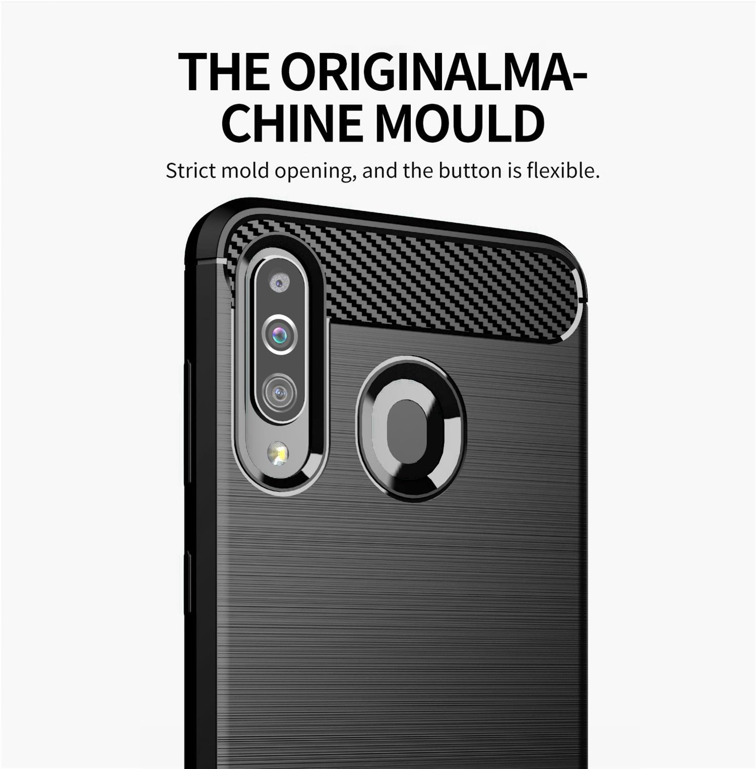 Custodia per telefono nera con foro per la fotocamera e retro strutturato. Dettagli in fibra di carbonio.