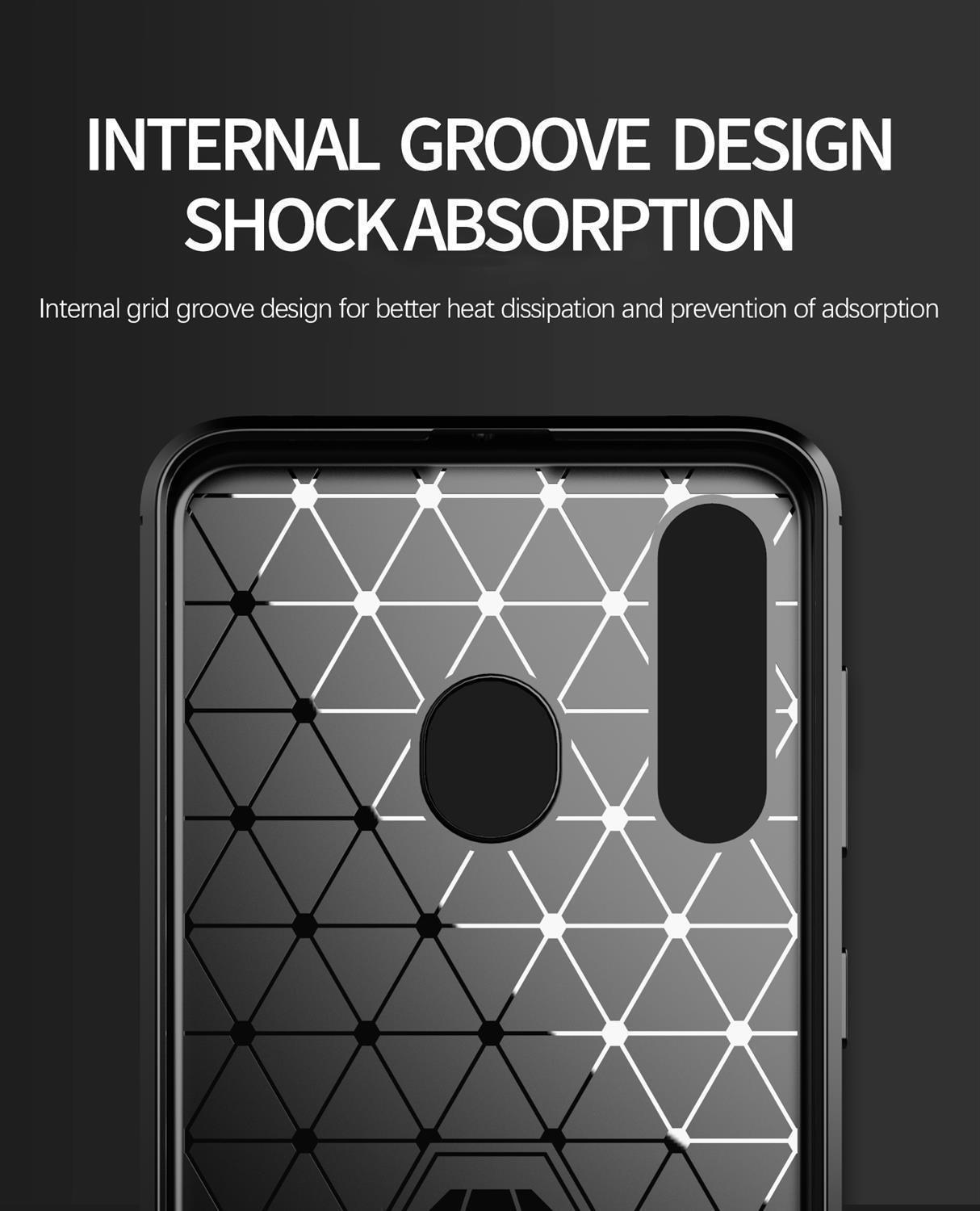 Interno della custodia del telefono nero con un motivo geometrico. Il design è per l'assorbimento degli urti.