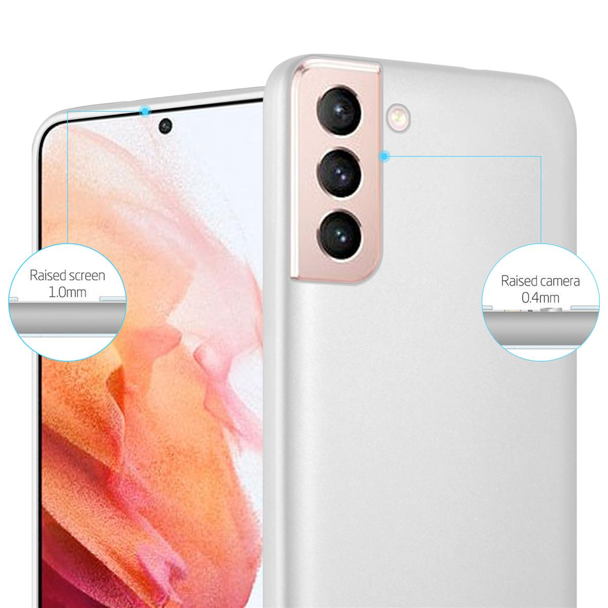 Una custodia bianca per telefono con protezione schermo e fotocamera rialzata, che mostra un dettaglio da vicino.
