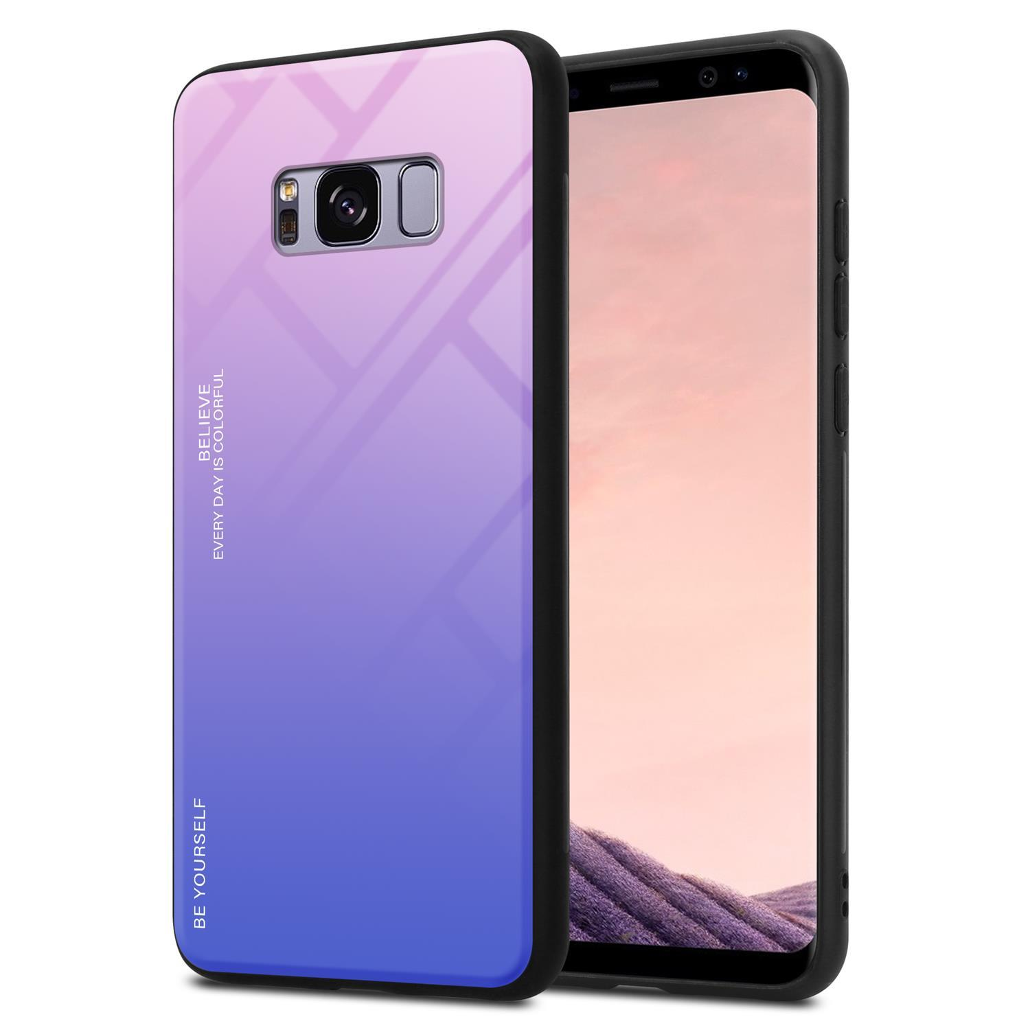 Una custodia per telefono con un design sfumato viola-blu e un telefono con schermo rosa.