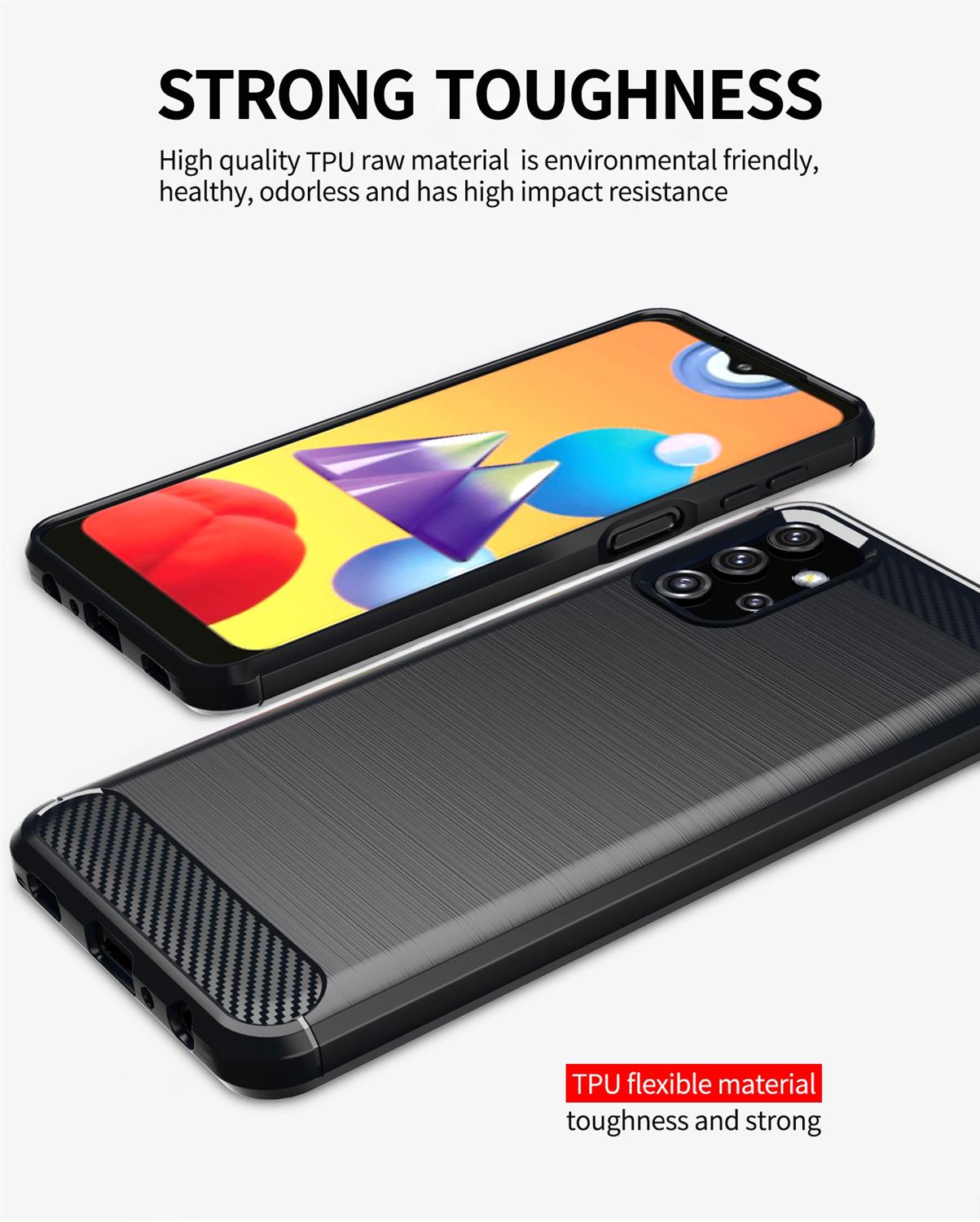 Custodie per telefoni nere. La custodia superiore mostra un design blu, viola e bianco. La custodia inferiore è strutturata.