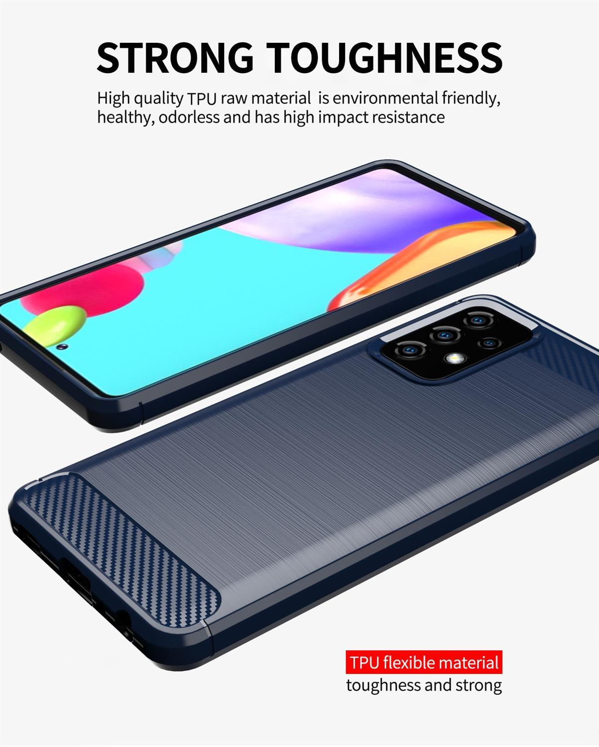Due custodie per telefono con un motivo strutturato. Una blu, l'altra sullo sfondo.