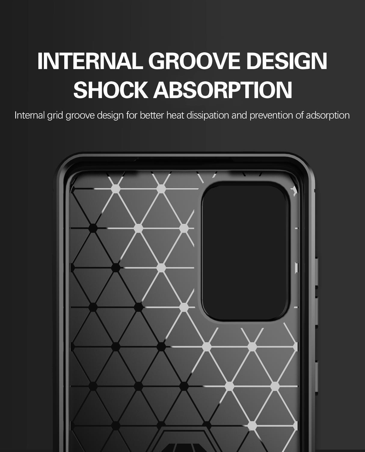 Innenansicht einer Handyhülle mit geometrischem Design, schwarz-weiß, Text 'Internal Groove Design'.
