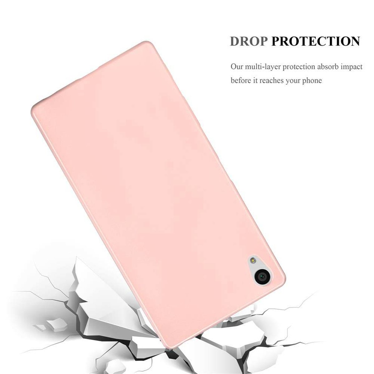 Custodia rosa per telefono che cade, crepe sotto. Mostra una custodia e un pavimento rotto su sfondo bianco.
