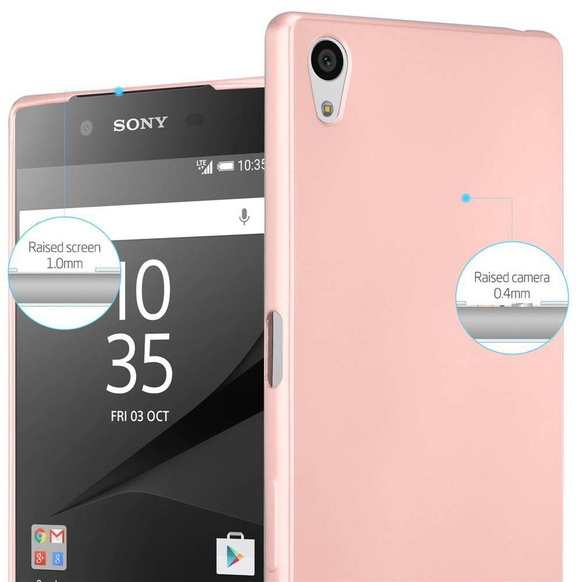 Telefono rosa con custodia. Il telefono è sul lato sinistro con schermo e fotocamera rialzati. Sfondo bianco.