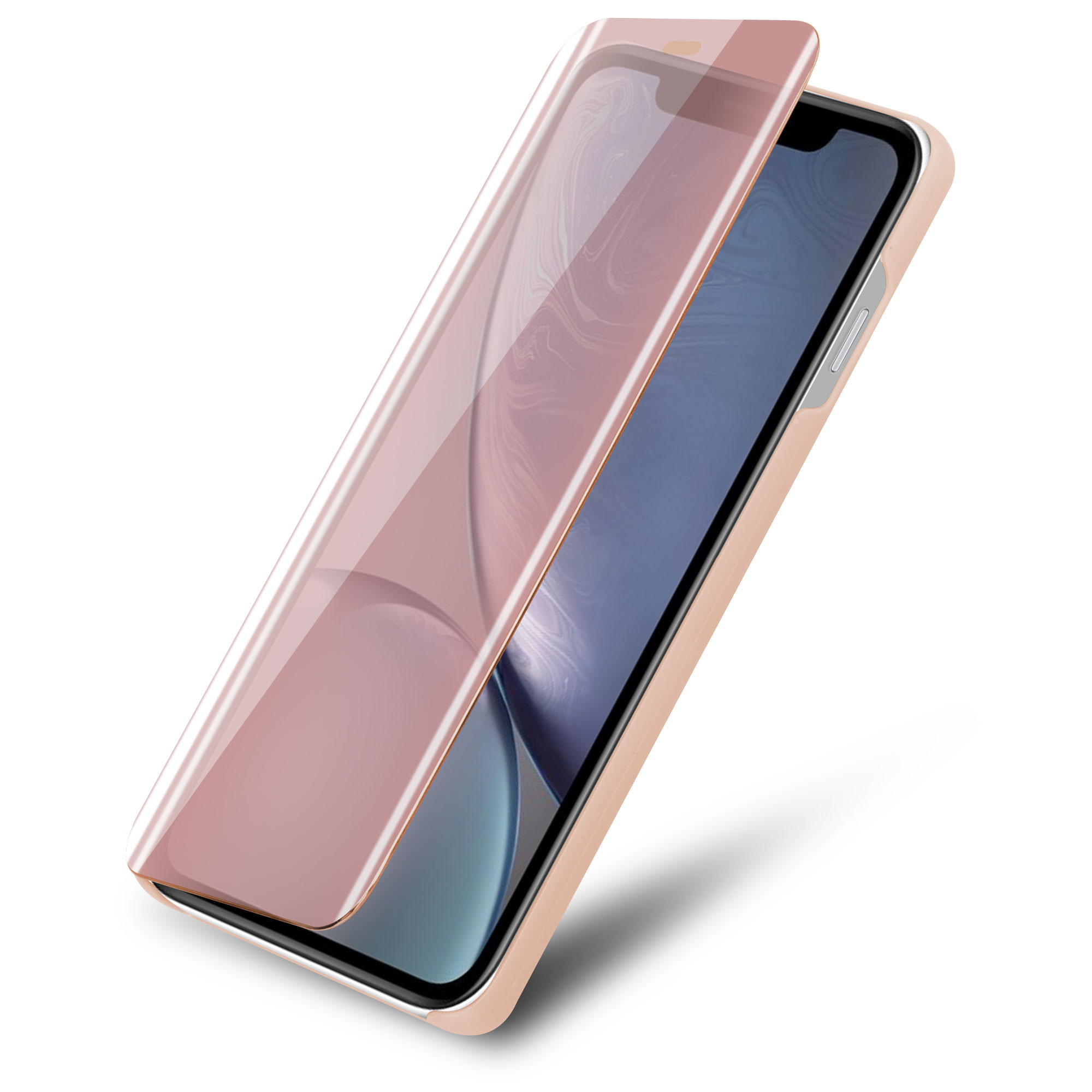 Ein Telefon mit roségoldenem Gehäuse und Abdeckung, teilweise geöffnet, vor weißem Hintergrund.