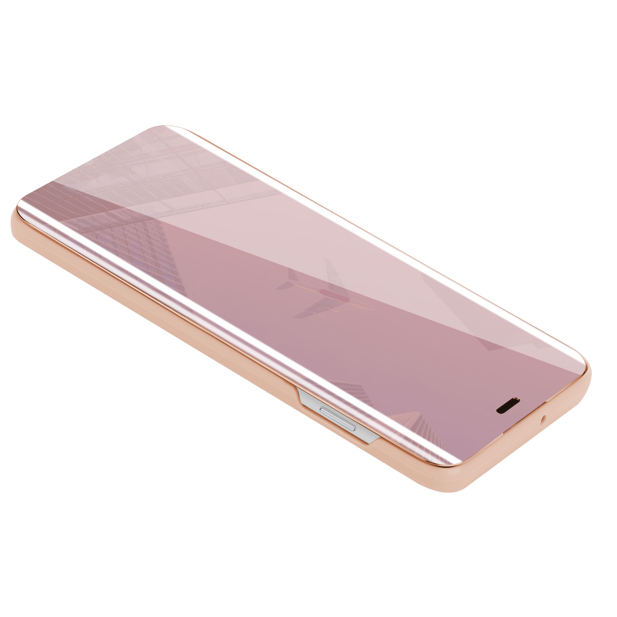 Rosa Handyhülle mit Telefon. Die Hülle reflektiert Licht und liegt auf weißem Untergrund.