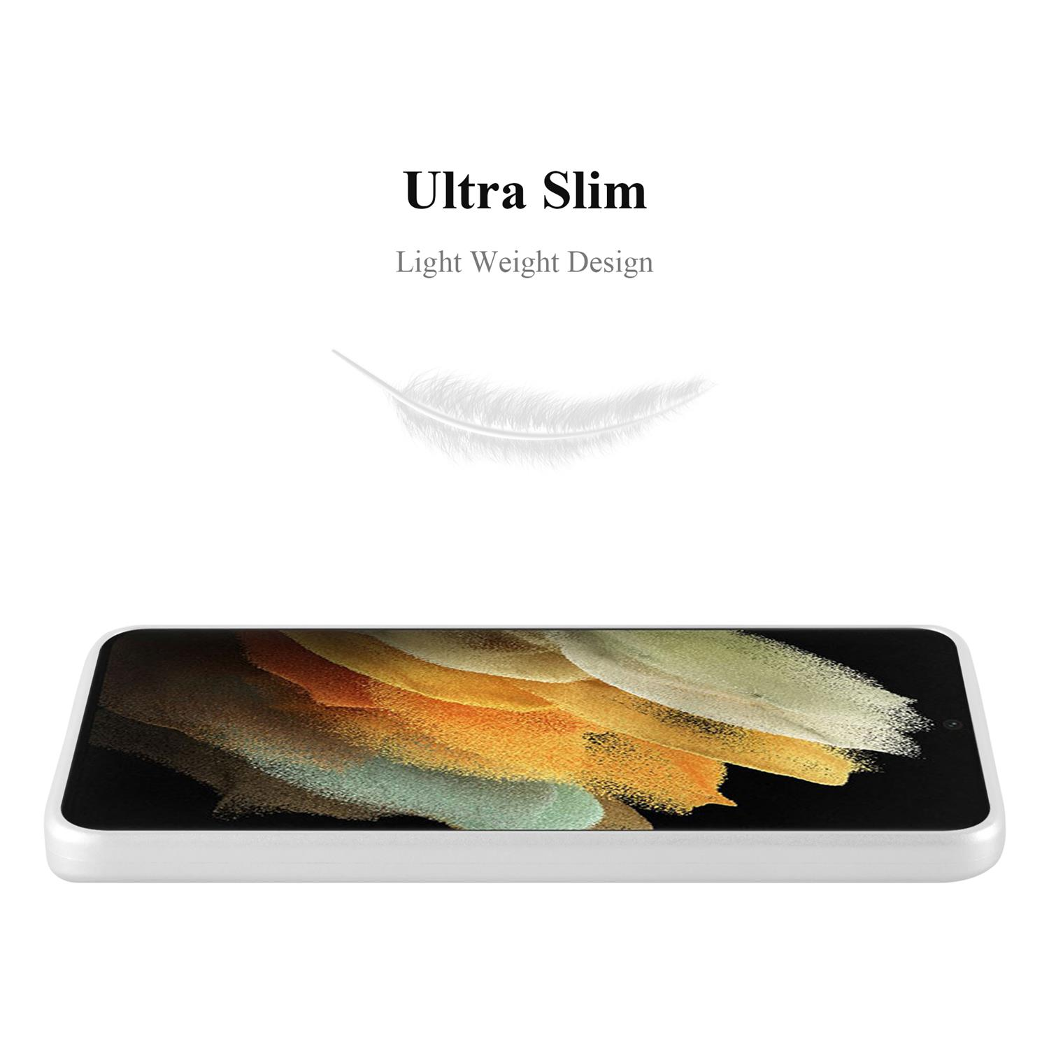 Custodia bianca per telefono, ultrasottile, con un'icona a forma di piuma. Parole di design leggero su sfondo bianco.