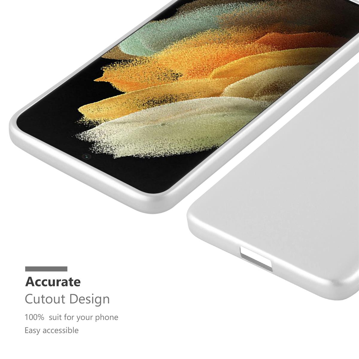 Custodia argentata accanto a un telefono con display colorato. Testo: Design di ritaglio preciso.