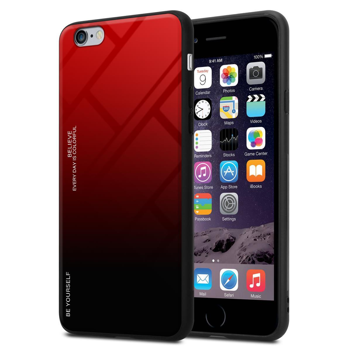 Custodia nera con gradiente da rosso a nero. Il telefono ha uno schermo colorato.