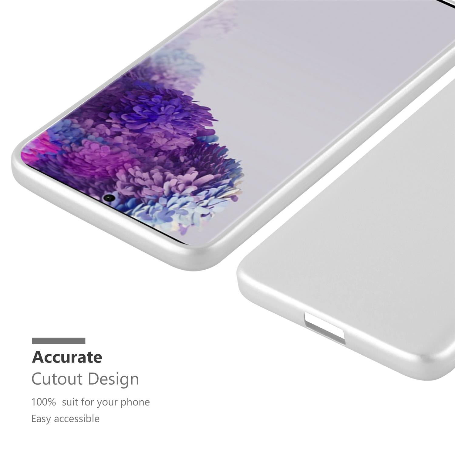 Silberne Handyhülle, die das Telefon teilweise bedeckt und das Design zeigt.
